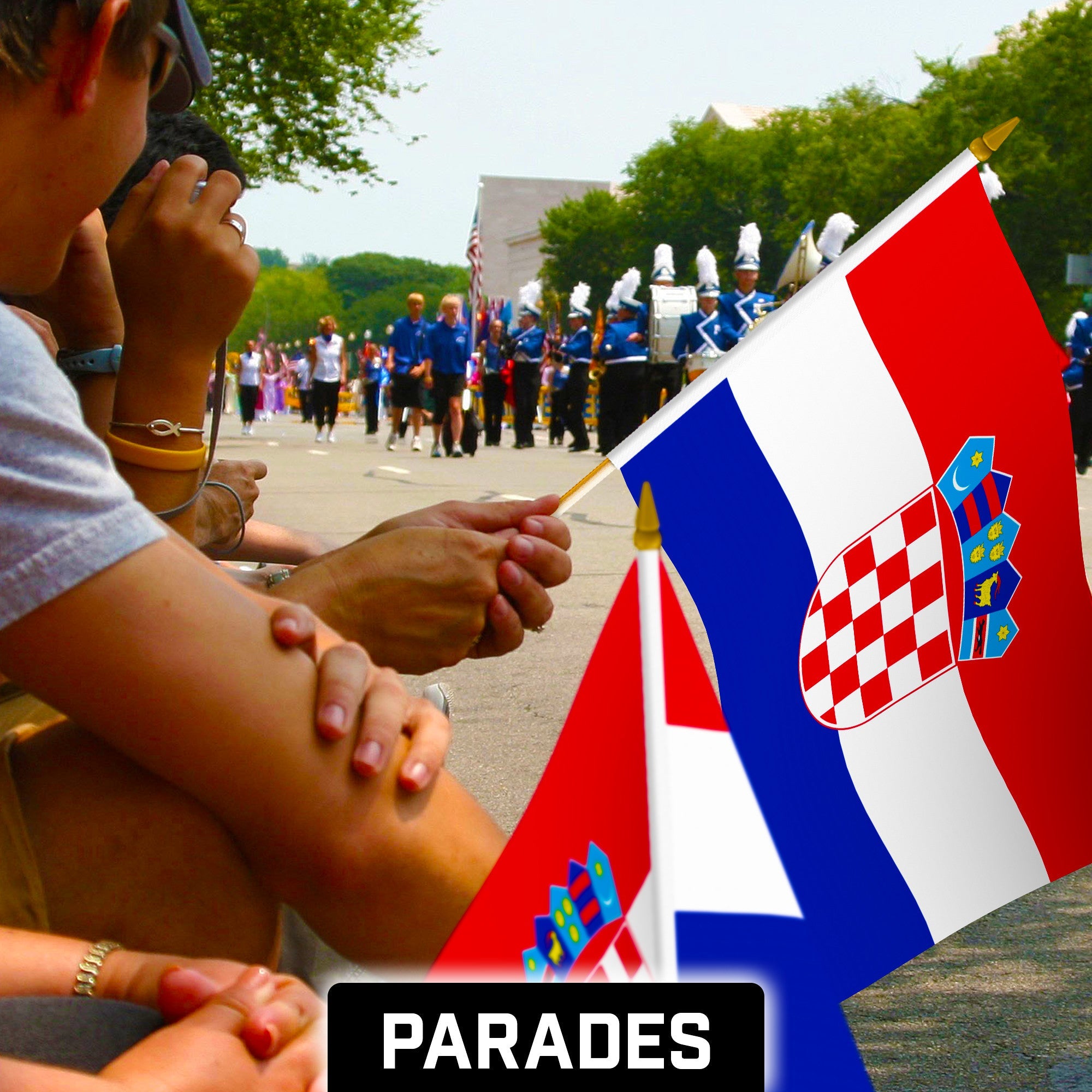 G128 50 Pack Handheld Croatia Croatian Stick Flags | 12x18 In | Printed 150D Polyester, Country Flag, Solid Wooden Stick, Spear Gold Tip