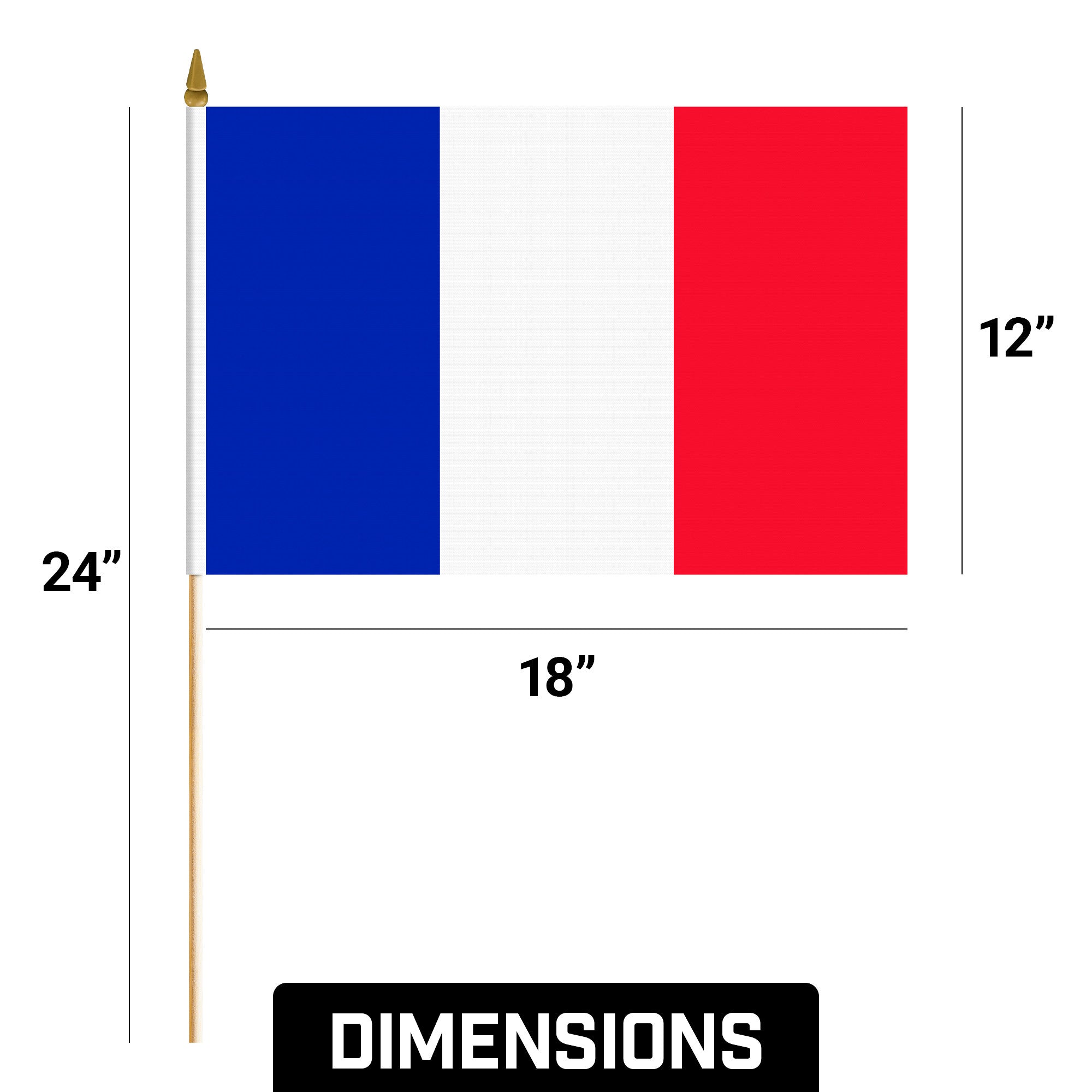 G128 50 Pack Handheld France French Stick Flags | 12x18 In | Printed 150D Polyester, Country Flag, Solid Wooden Stick, Spear Gold Tip