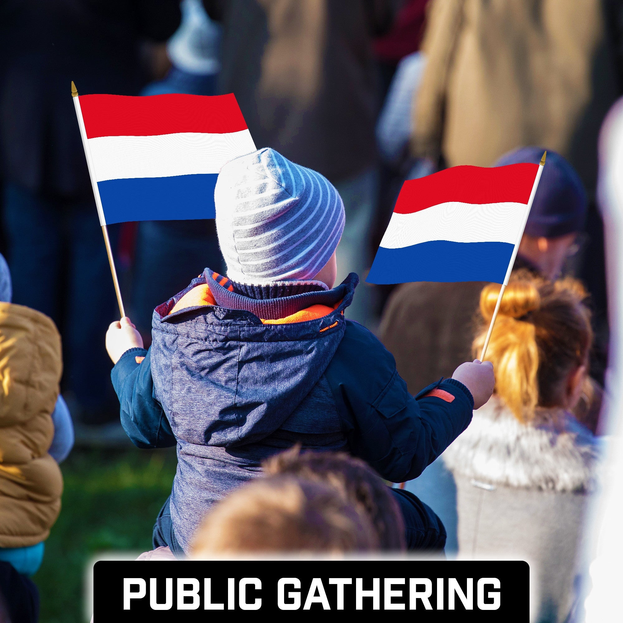 G128 24 Pack Handheld Netherlands Dutch Stick Flags | 12x18 In | Printed 150D Polyester, Country Flag, Solid Wooden Stick, Spear Gold Tip