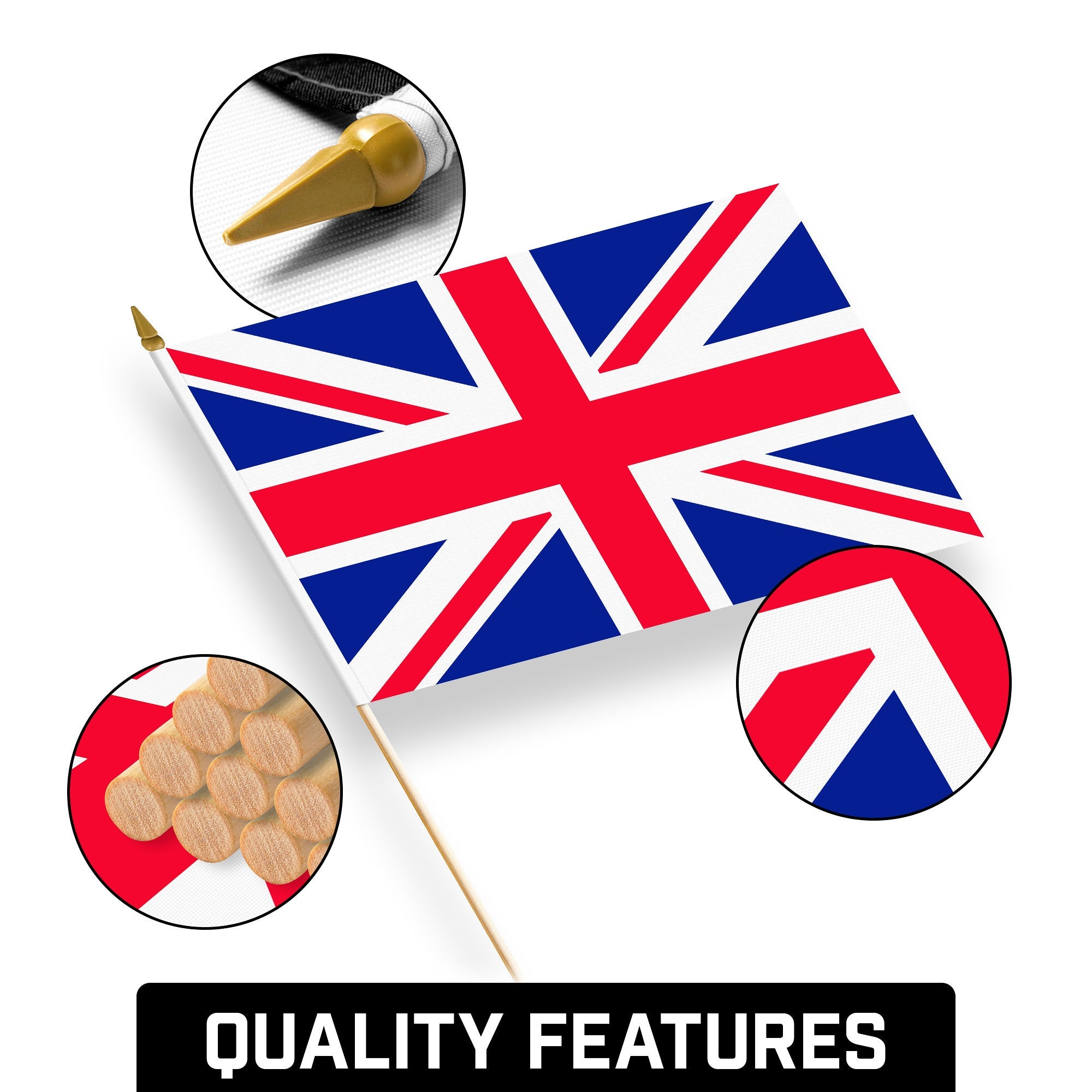 G128 30 Pack Handheld United Kingdom UK Stick Flags | 12x18 In | Printed 150D Polyester, Country Flag, Solid Wooden Stick, Spear Gold Tip