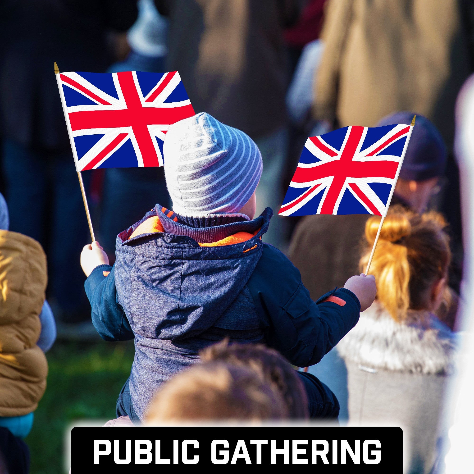 G128 12 Pack Handheld United Kingdom UK Stick Flags | 12x18 In | Printed 150D Polyester, Country Flag, Solid Wooden Stick, Spear Gold Tip
