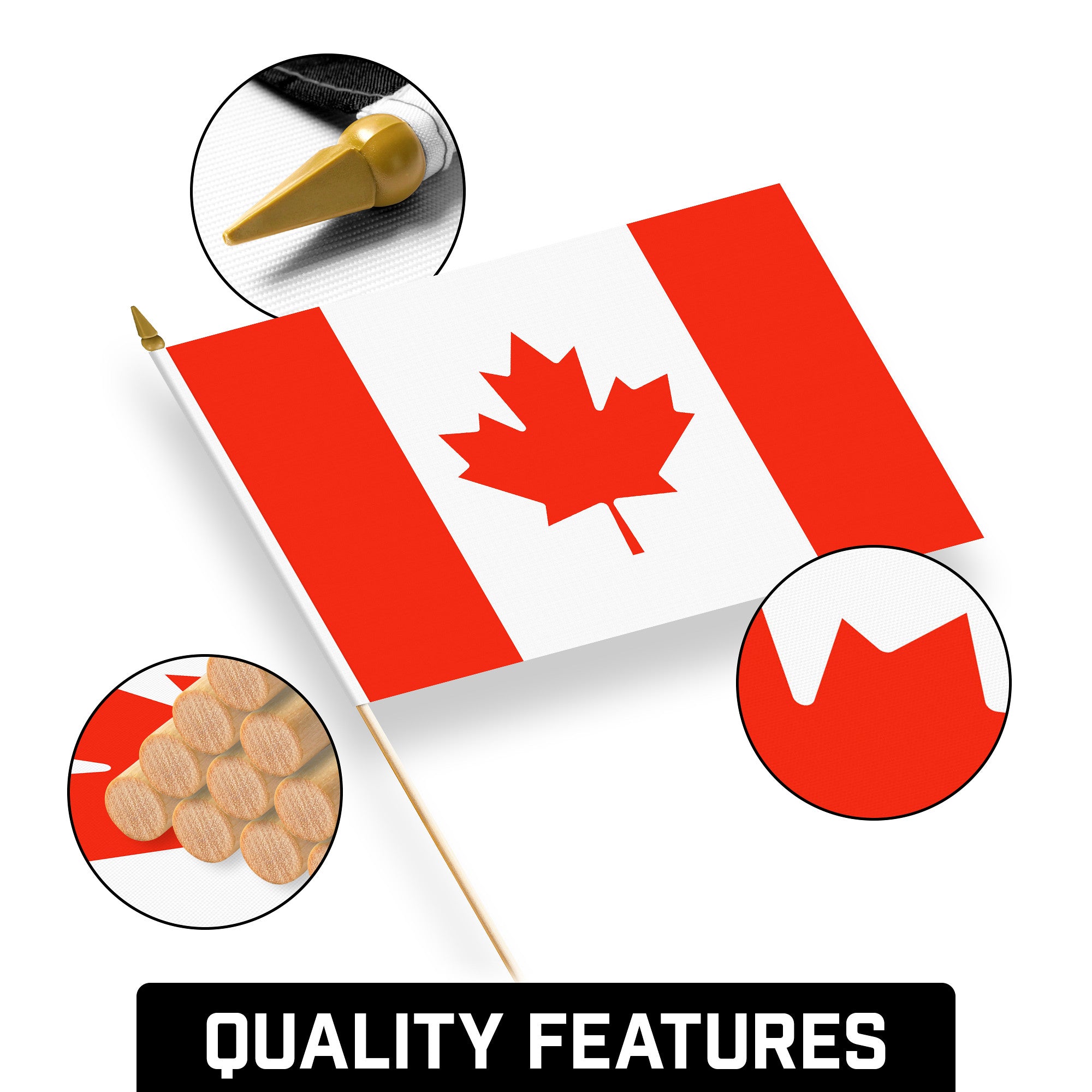 G128 50 Pack Handheld Canada Canadian Stick Flags | 12x18 In | Printed 150D Polyester, Country Flag, Solid Wooden Stick, Spear Gold Tip