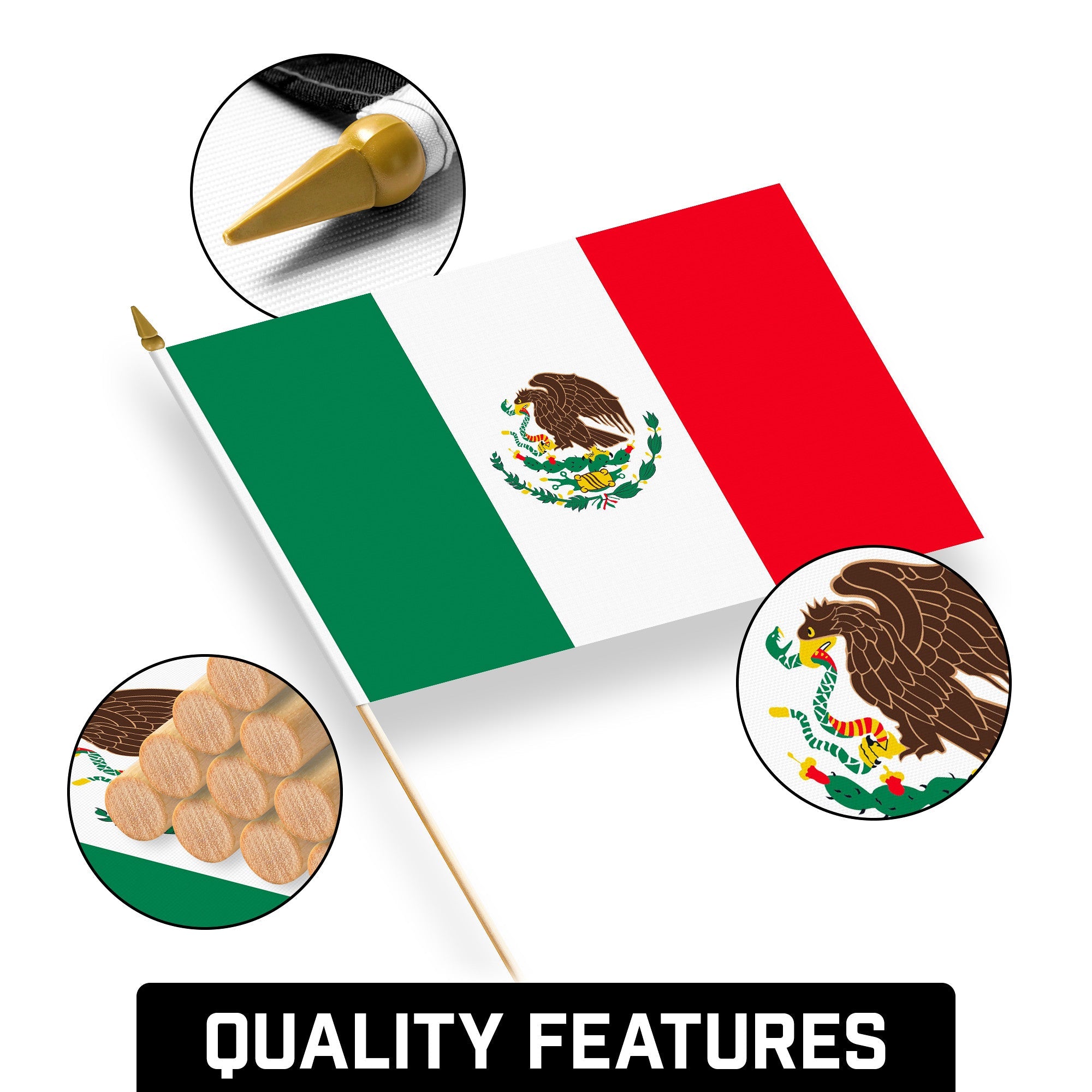 G128 24 Pack Handheld Mexico Mexican Stick Flags | 12x18 In | Printed 150D Polyester, Country Flag, Solid Wooden Stick, Spear Gold Tip