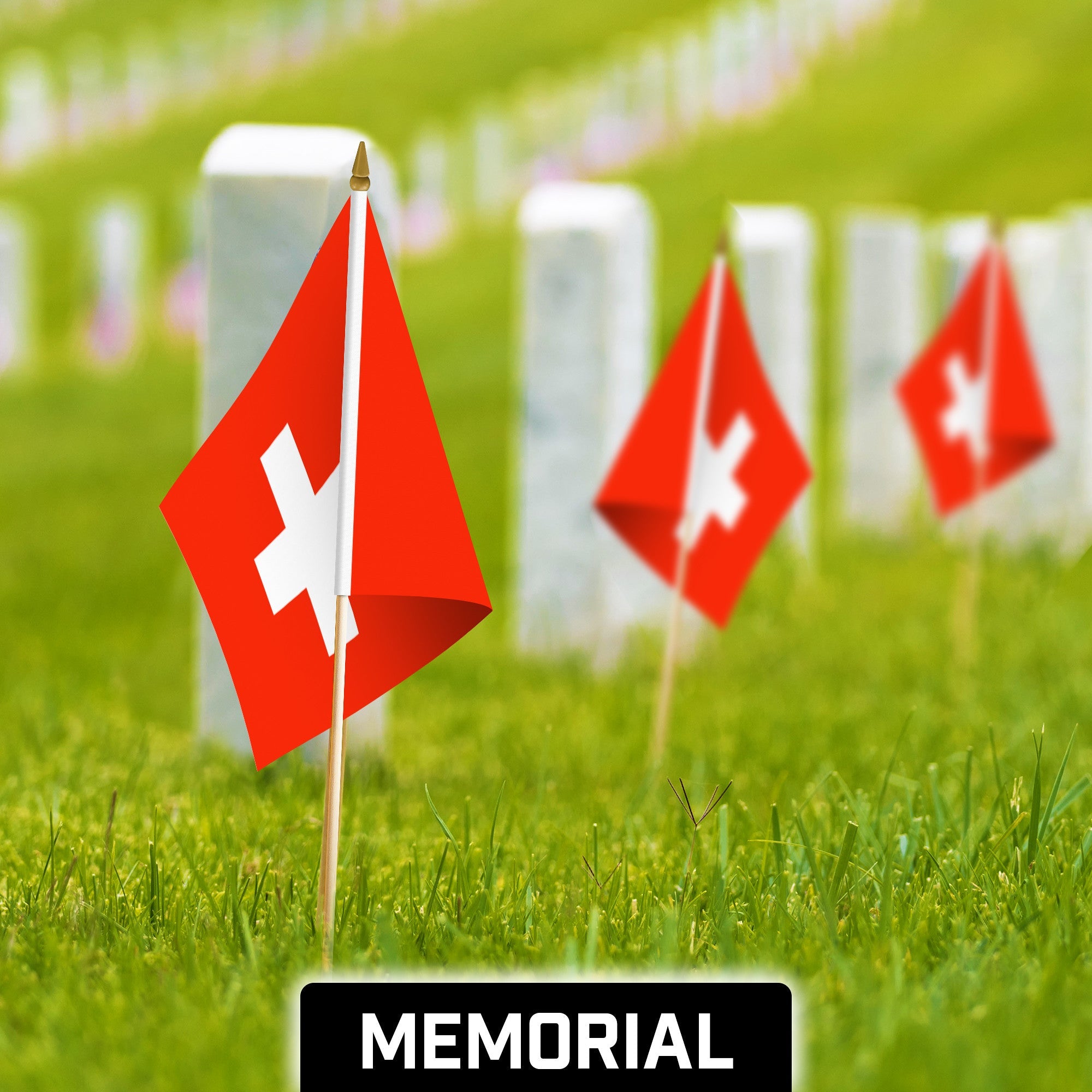 G128 24 Pack Handheld Switzerland Swiss Stick Flags | 12x18 In | Printed 150D Polyester, Country Flag, Solid Wooden Stick, Spear Gold Tip