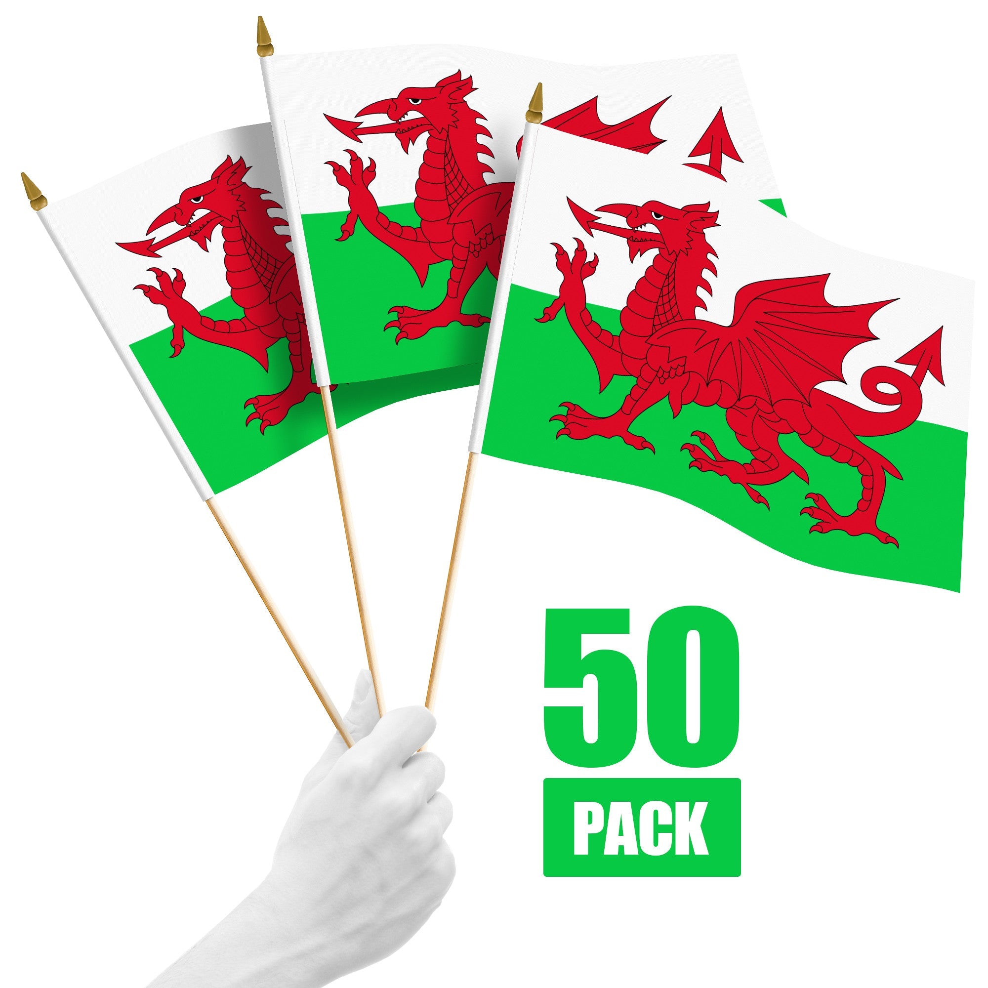 G128 50 Pack Handheld Wales Welsh Stick Flags | 12x18 In | Printed 150D Polyester, Country Flag, Solid Wooden Stick, Spear Gold Tip