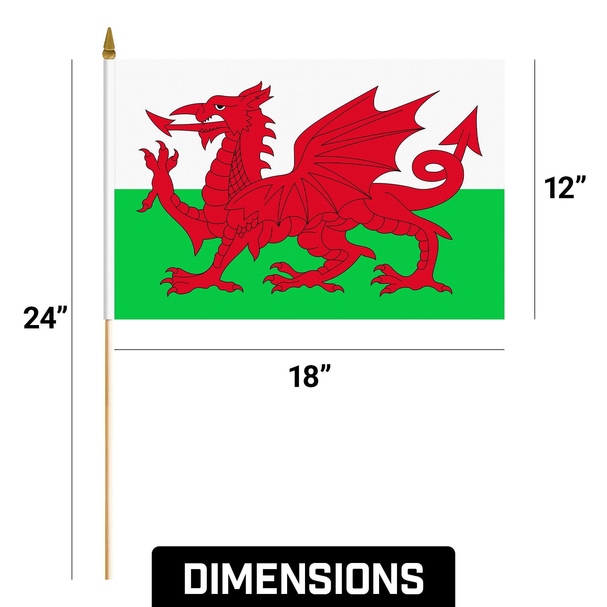 G128 12 Pack Handheld Wales Welsh Stick Flags | 12x18 In | Printed 150D Polyester, Country Flag, Solid Wooden Stick, Spear Gold Tip
