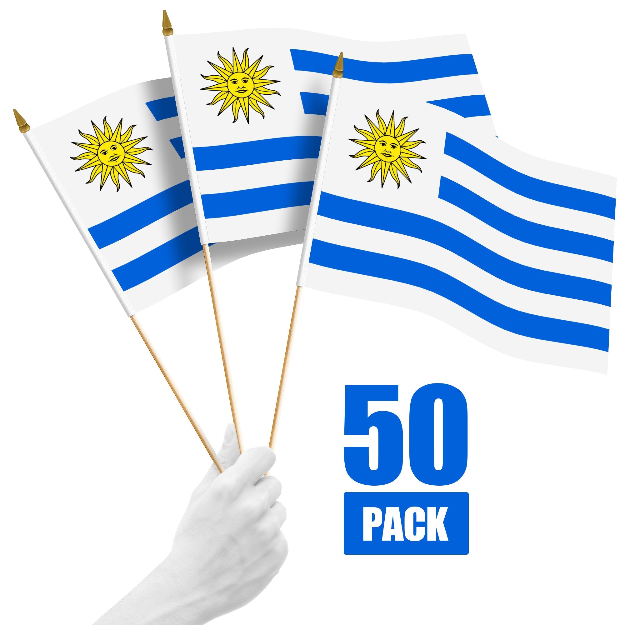 G128 50 Pack Handheld Uruguay Uruguayan Stick Flags | 12x18 In | Printed 150D Polyester, Country Flag, Solid Wooden Stick, Spear Gold Tip