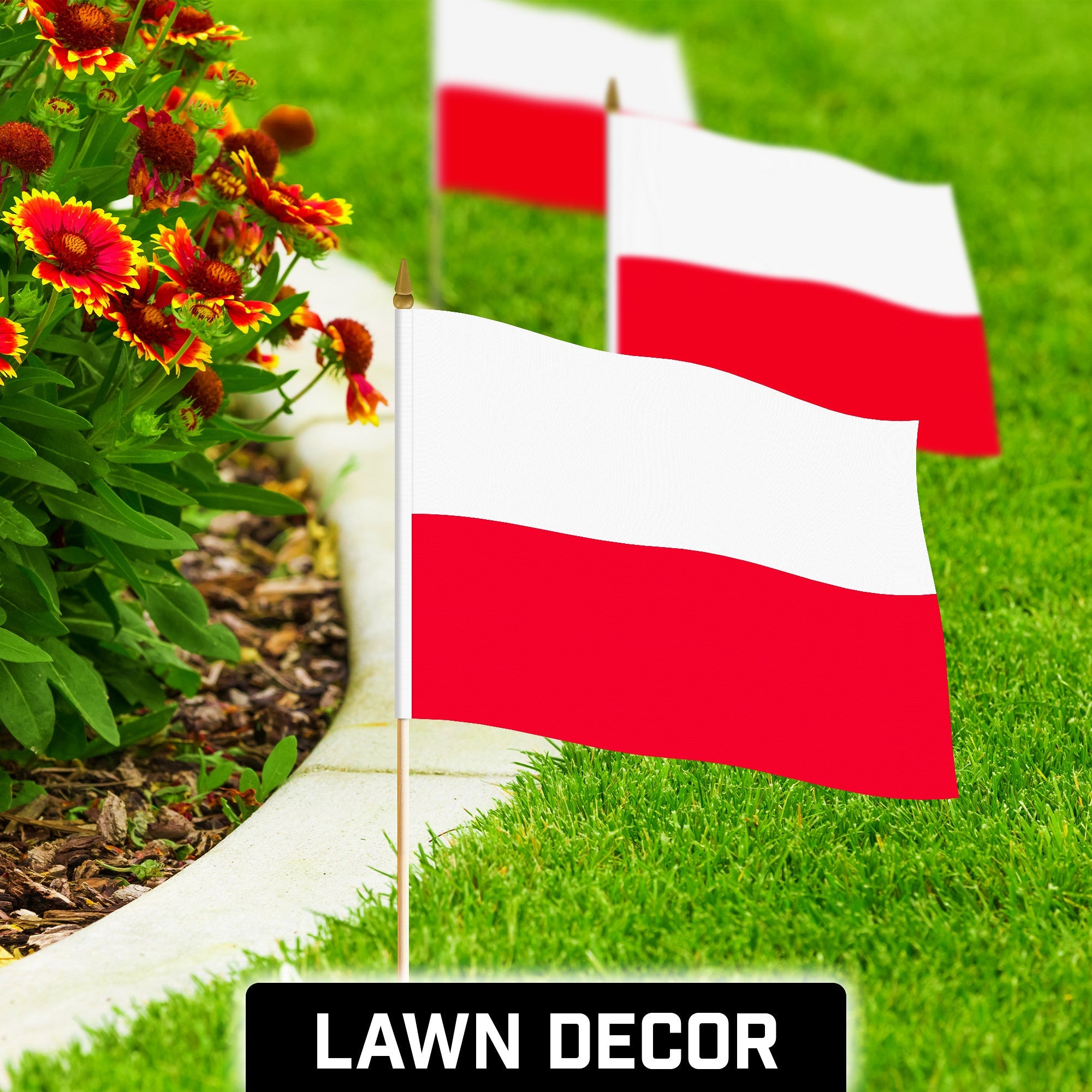 G128 30 Pack Handheld Poland Polish Stick Flags | 12x18 In | Printed 150D Polyester, Country Flag, Solid Wooden Stick, Spear Gold Tip