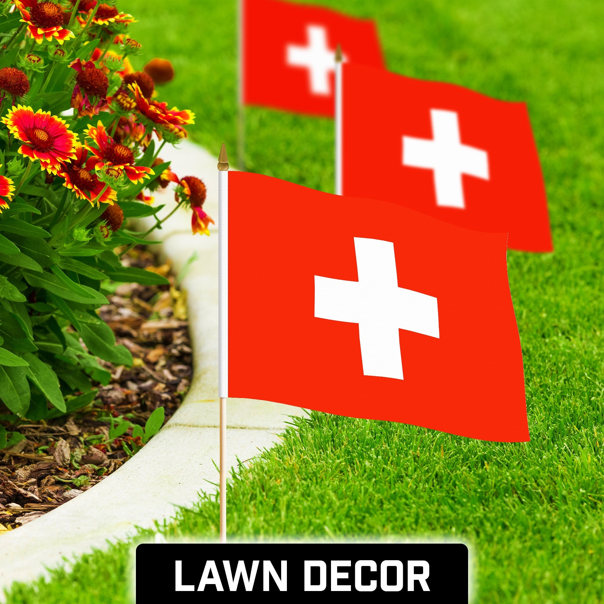 G128 12 Pack Handheld Switzerland Swiss Stick Flags | 12x18 In | Printed 150D Polyester, Country Flag, Solid Wooden Stick, Spear Gold Tip