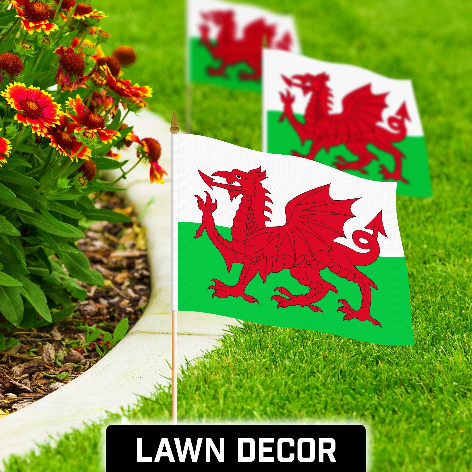 G128 12 Pack Handheld Wales Welsh Stick Flags | 12x18 In | Printed 150D Polyester, Country Flag, Solid Wooden Stick, Spear Gold Tip
