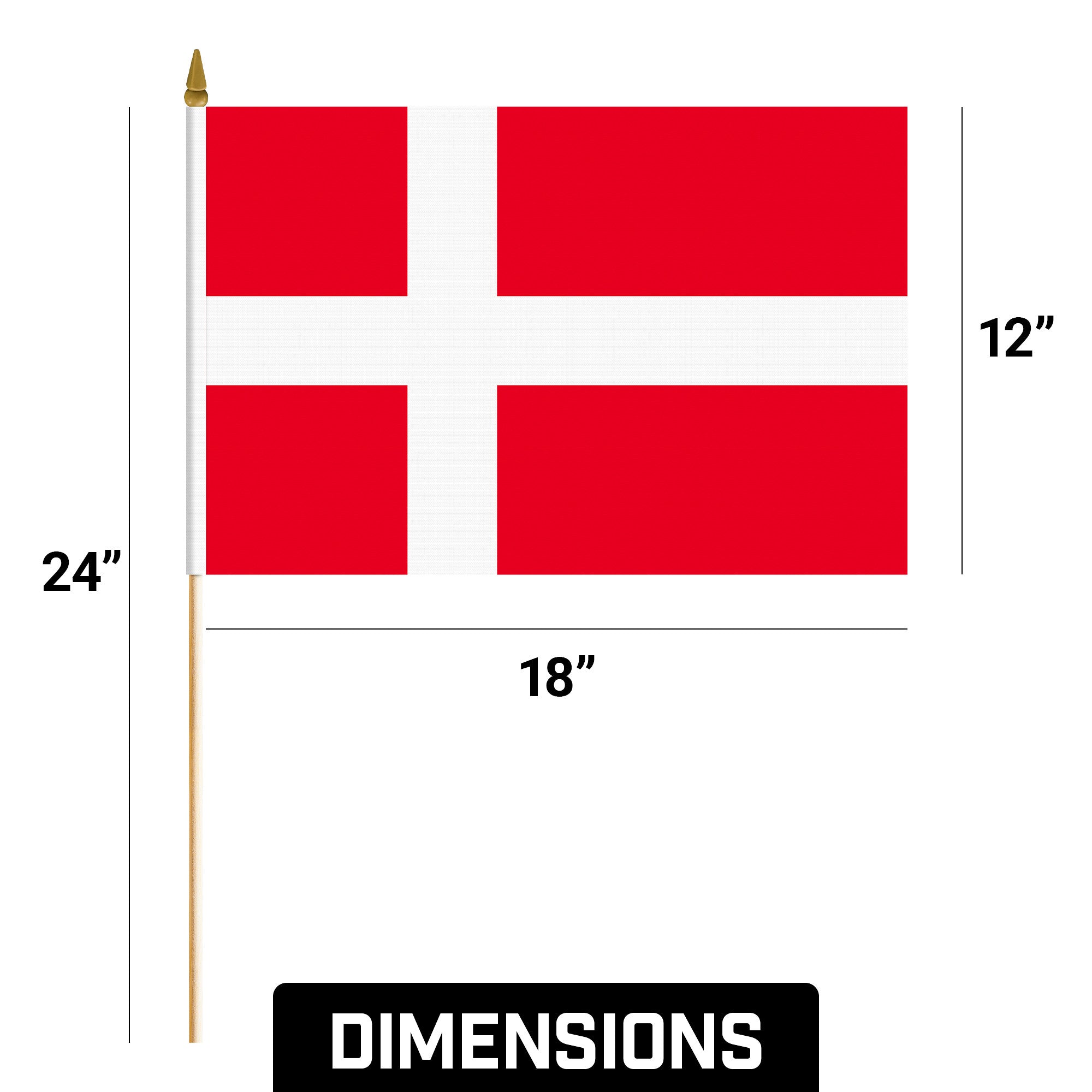 G128 50 Pack Handheld Denmark Danish Stick Flags | 12x18 In | Printed 150D Polyester, Country Flag, Solid Wooden Stick, Spear Gold Tip