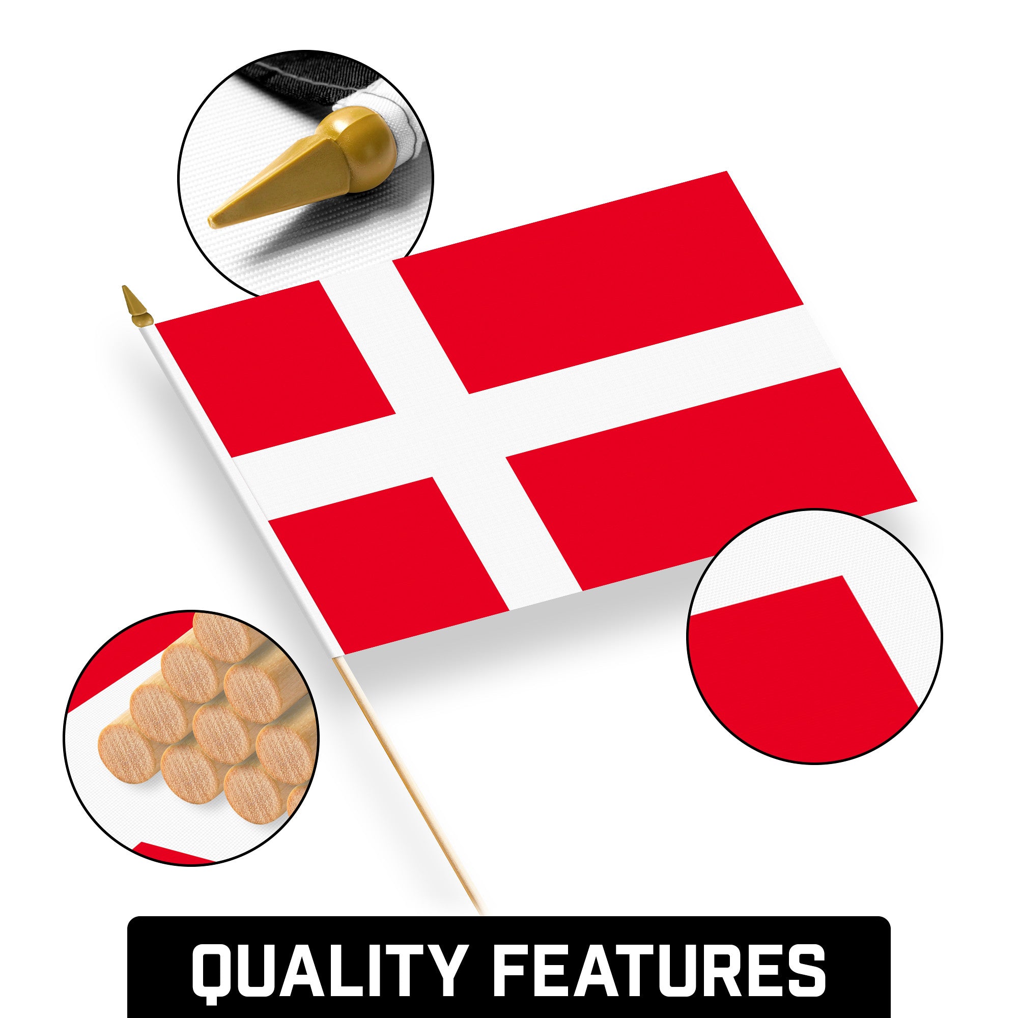 G128 50 Pack Handheld Denmark Danish Stick Flags | 12x18 In | Printed 150D Polyester, Country Flag, Solid Wooden Stick, Spear Gold Tip