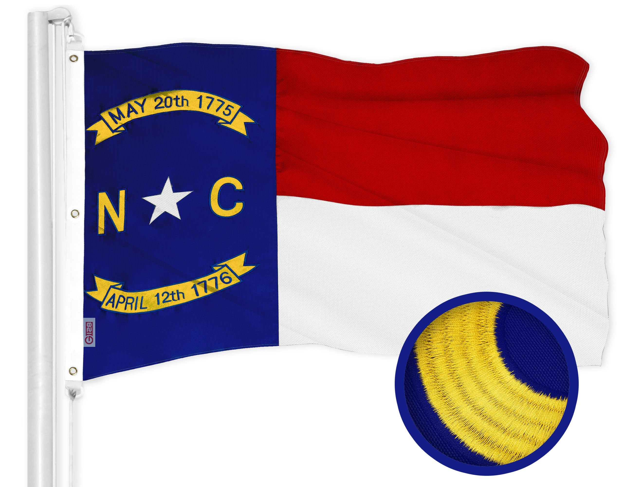 G128 North Carolina State Flag | 6x10 Ft | ToughWeave Series Embroidered 600D Polyester | Embroidered Design, Indoor/Outdoor, Brass Grommets