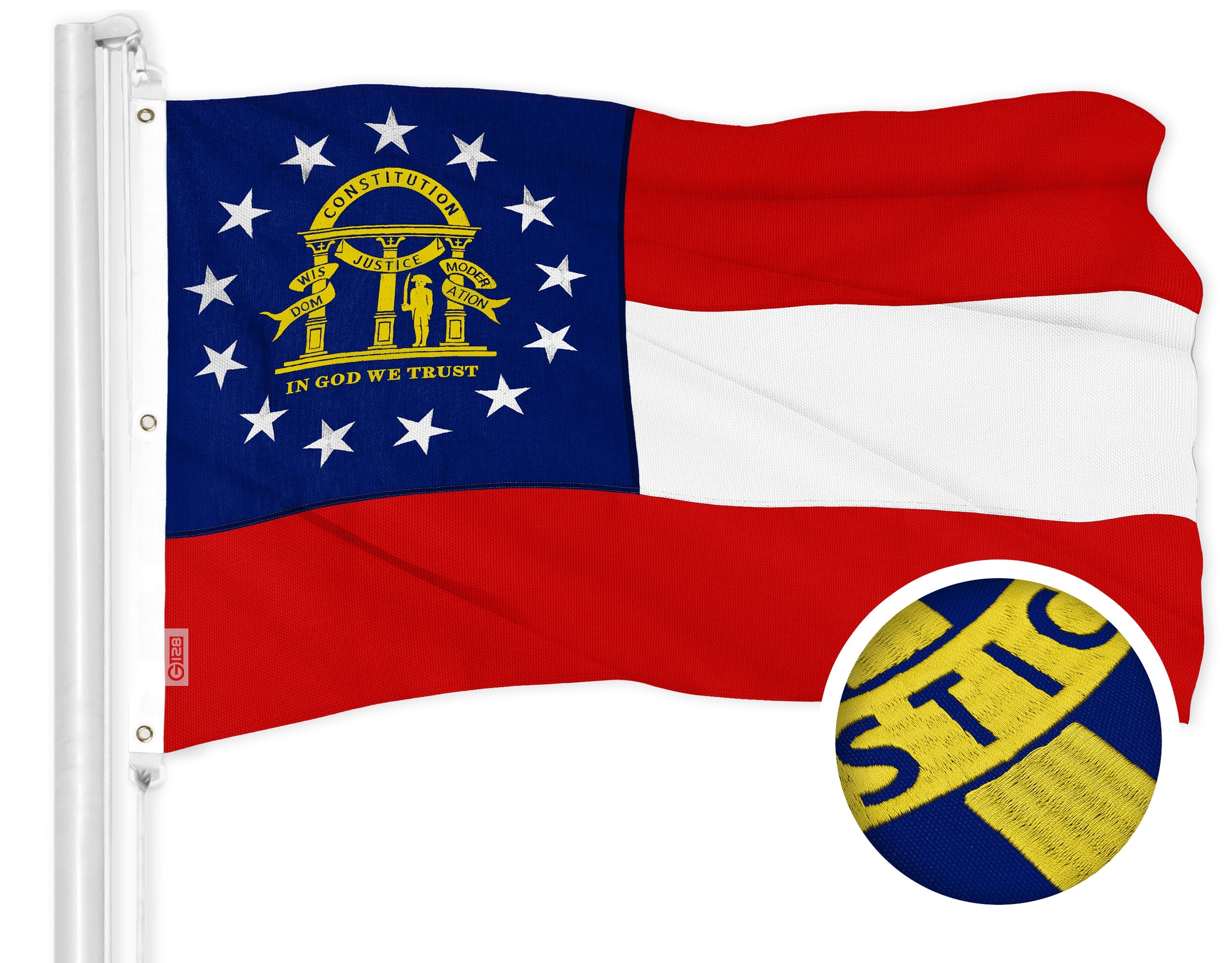 G128 Georgia GA State Flag | 6x10 Ft | ToughWeave Series Embroidered 600D Polyester | Embroidered Design, Indoor/Outdoor, Brass Grommets