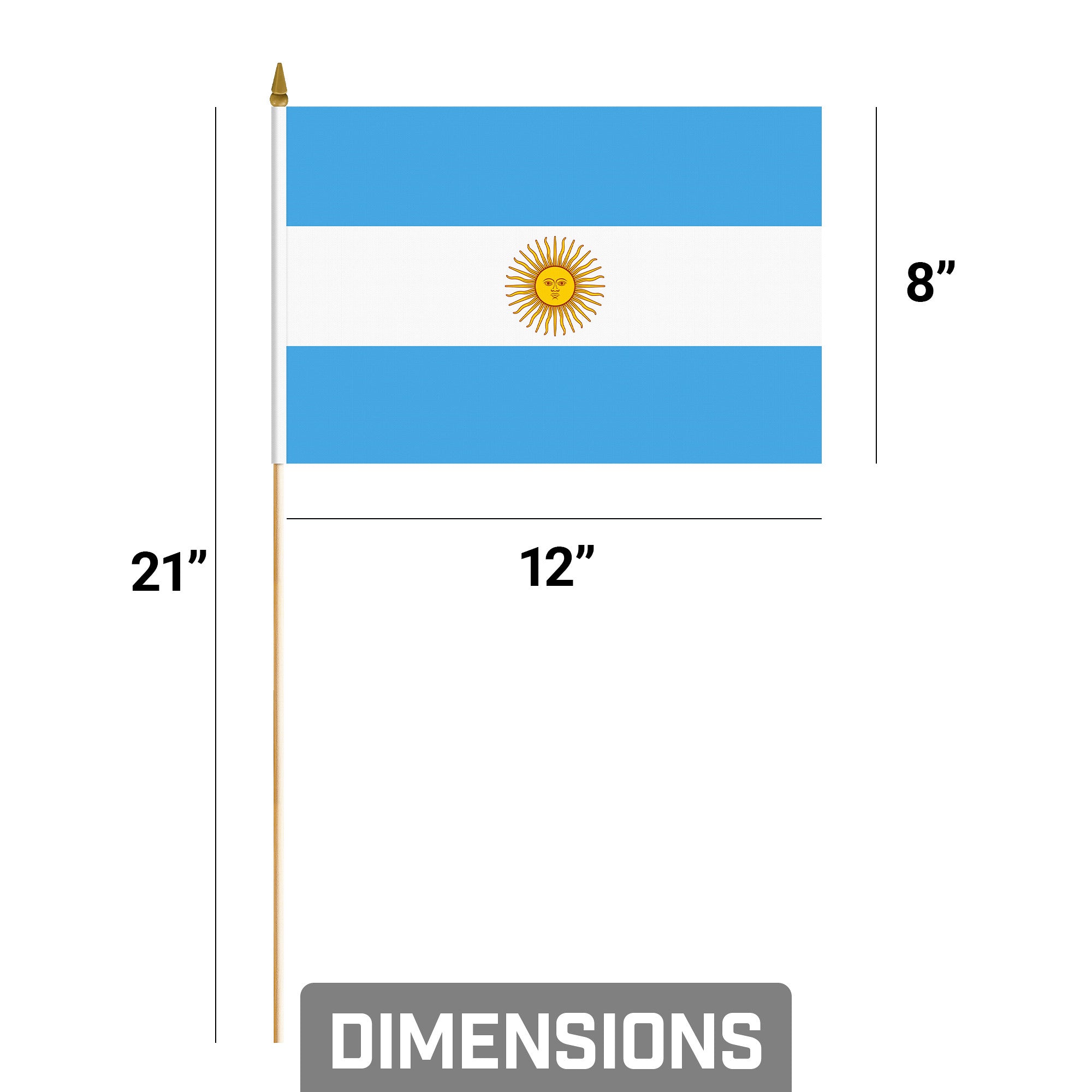12 Pack Handheld Argentina Argentinian Stick Flags | 8x12 In | Printed 150D Polyester, Country Flag, Solid Wooden Stick, Spear Gold Tip