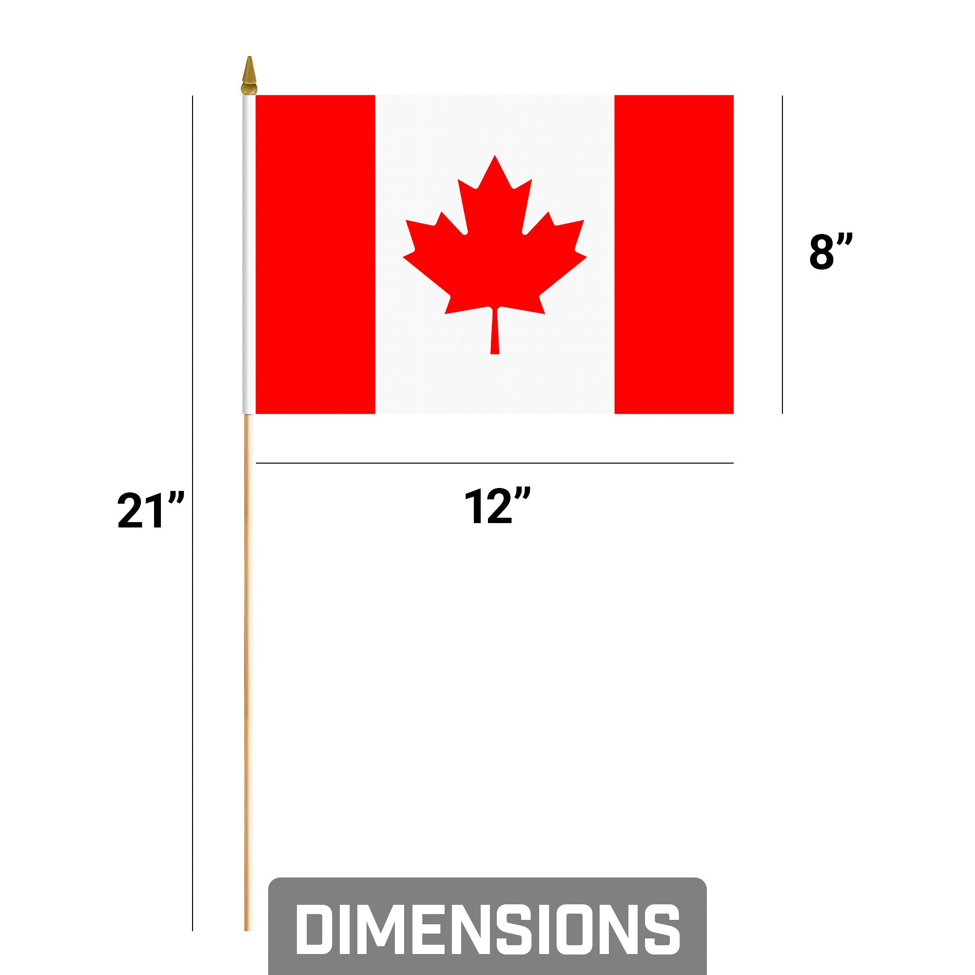 G128 30 Pack Handheld Canada Canadian Stick Flags | 8x12 In | Printed 150D Polyester, Country Flag, Solid Wooden Stick, Spear Gold Tip