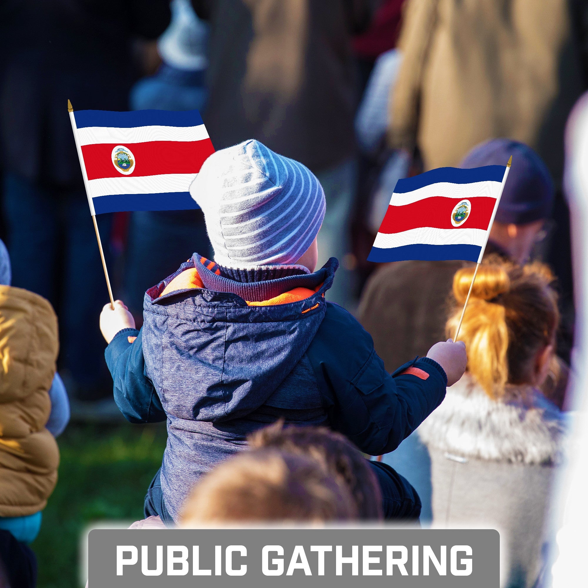 G128 50 Pack Handheld Costa Rica Costa Rican Stick Flags | 8x12 In | Printed 150D Polyester, Country Flag, Solid Wooden Stick, Spear Gold Tip