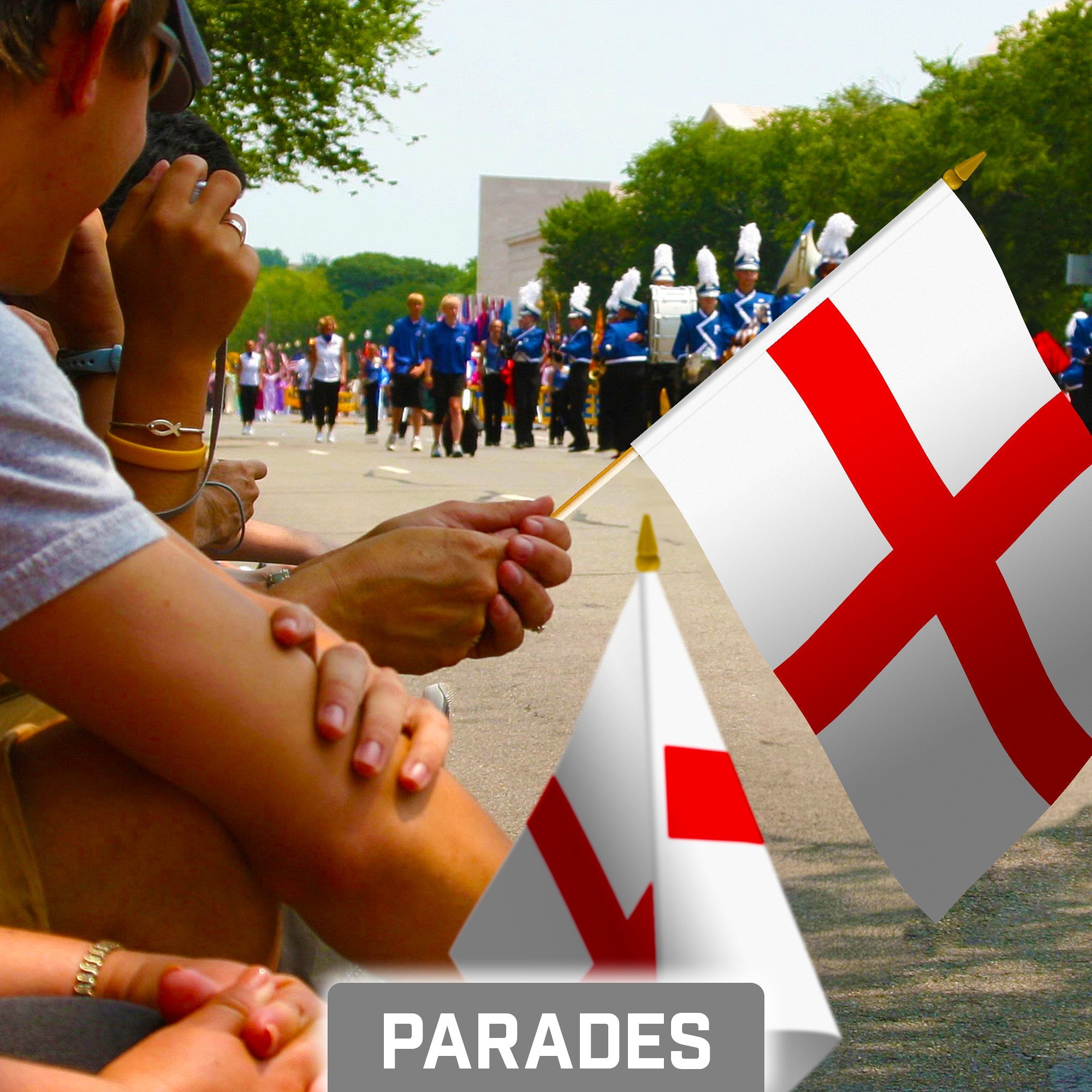 G128 30 Pack Handheld England English Stick Flags | 8x12 In | Printed 150D Polyester, Country Flag, Solid Wooden Stick, Spear Gold Tip