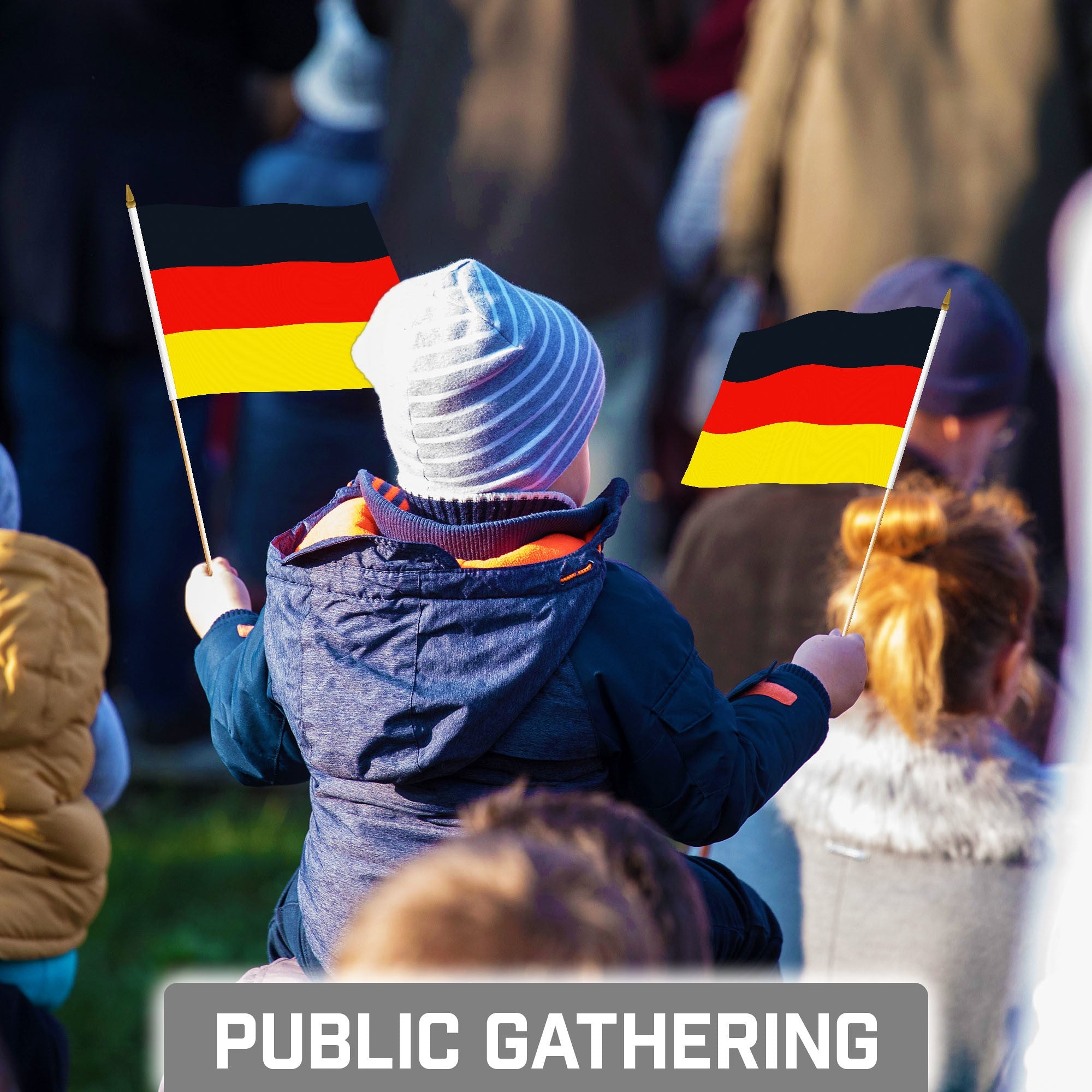 G128 30 Pack Handheld Germany German Stick Flags | 8x12 In | Printed 150D Polyester, Country Flag, Solid Wooden Stick, Spear Gold Tip