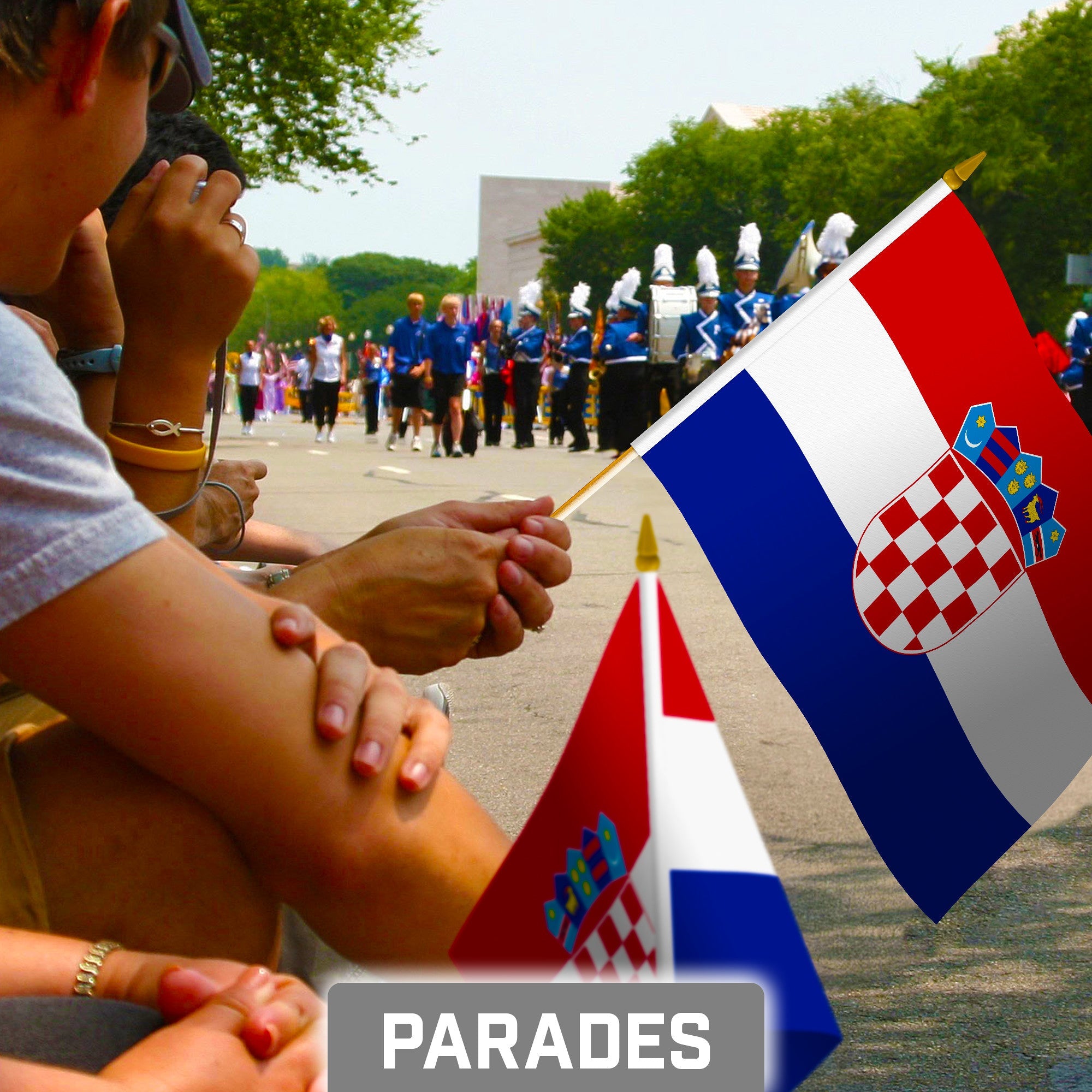 G128 12 Pack Handheld Croatia Croatian Stick Flags | 8x12 In | Printed 150D Polyester, Country Flag, Solid Wooden Stick, Spear Gold Tip