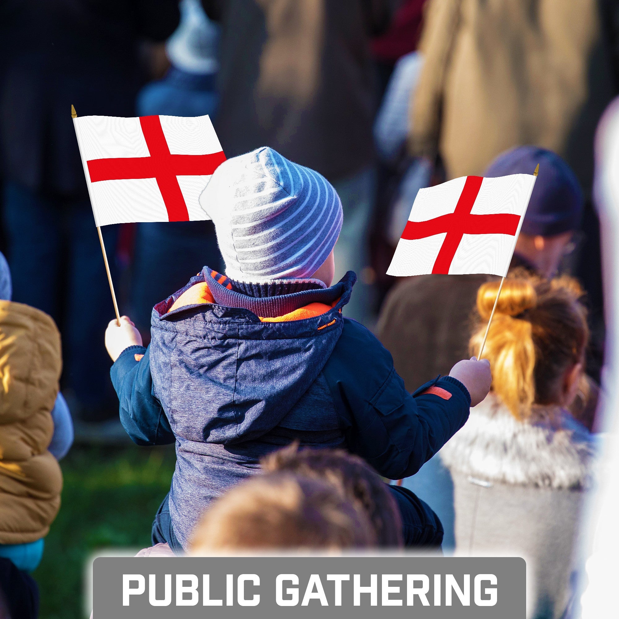 G128 30 Pack Handheld England English Stick Flags | 8x12 In | Printed 150D Polyester, Country Flag, Solid Wooden Stick, Spear Gold Tip