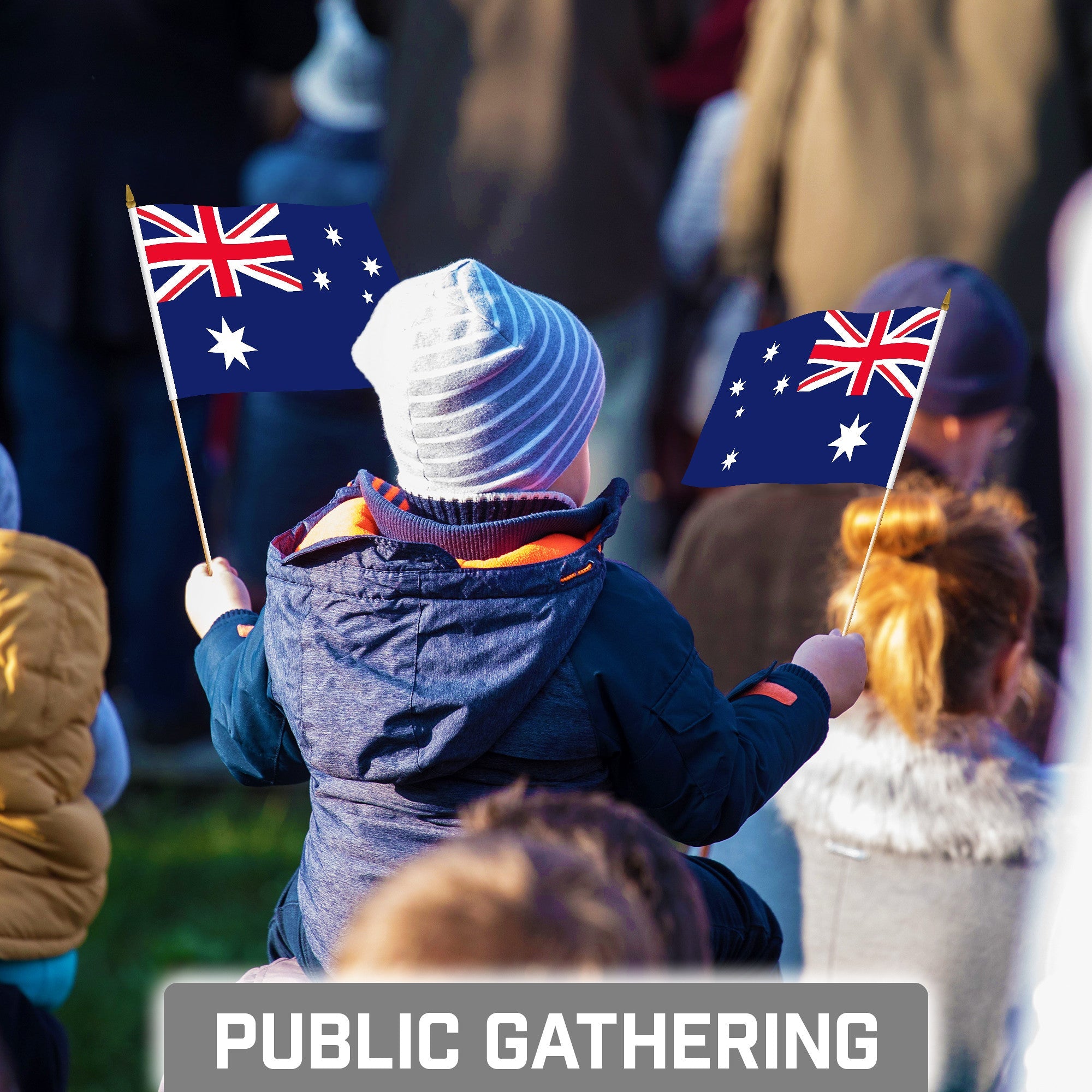 G128 50 Pack Handheld Australia Australian Stick Flags | 8x12 In | Printed 150D Polyester, Country Flag, Solid Wooden Stick, Spear Gold Tip