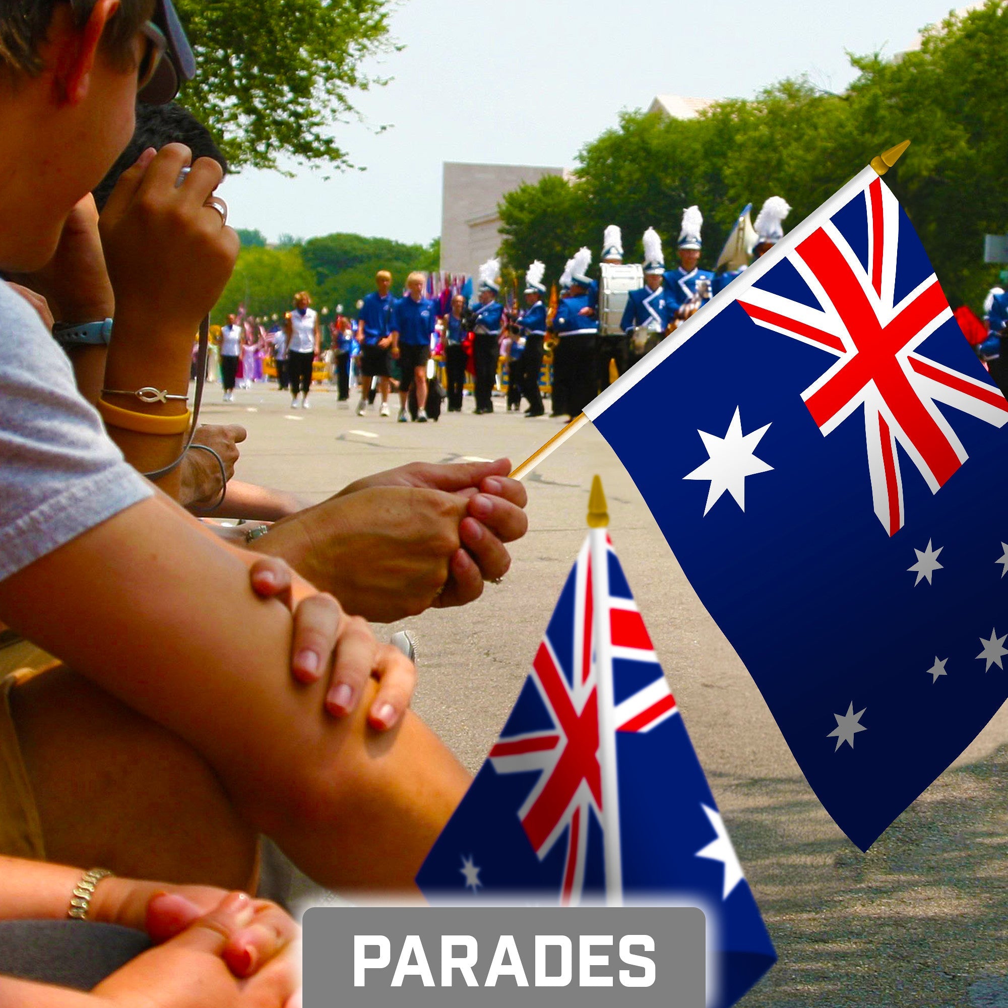 24 Pack Handheld Australia Australian Stick Flags | 8x12 In | Printed 150D Polyester, Country Flag, Solid Wooden Stick, Spear Gold Tip