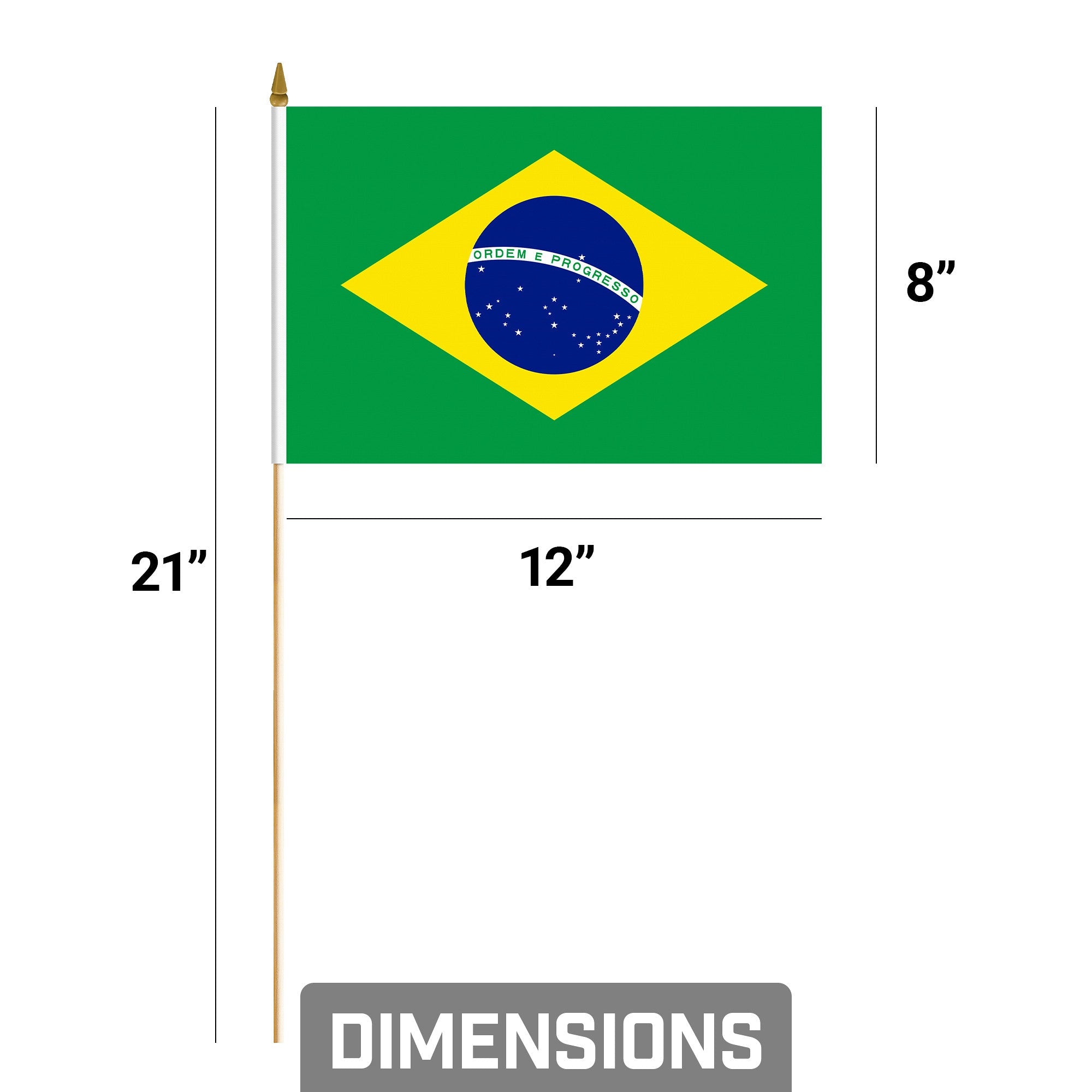G128 12 Pack Handheld Brazil Brazilian Stick Flags | 8x12 In | Printed 150D Polyester, Country Flag, Solid Wooden Stick, Spear Gold Tip