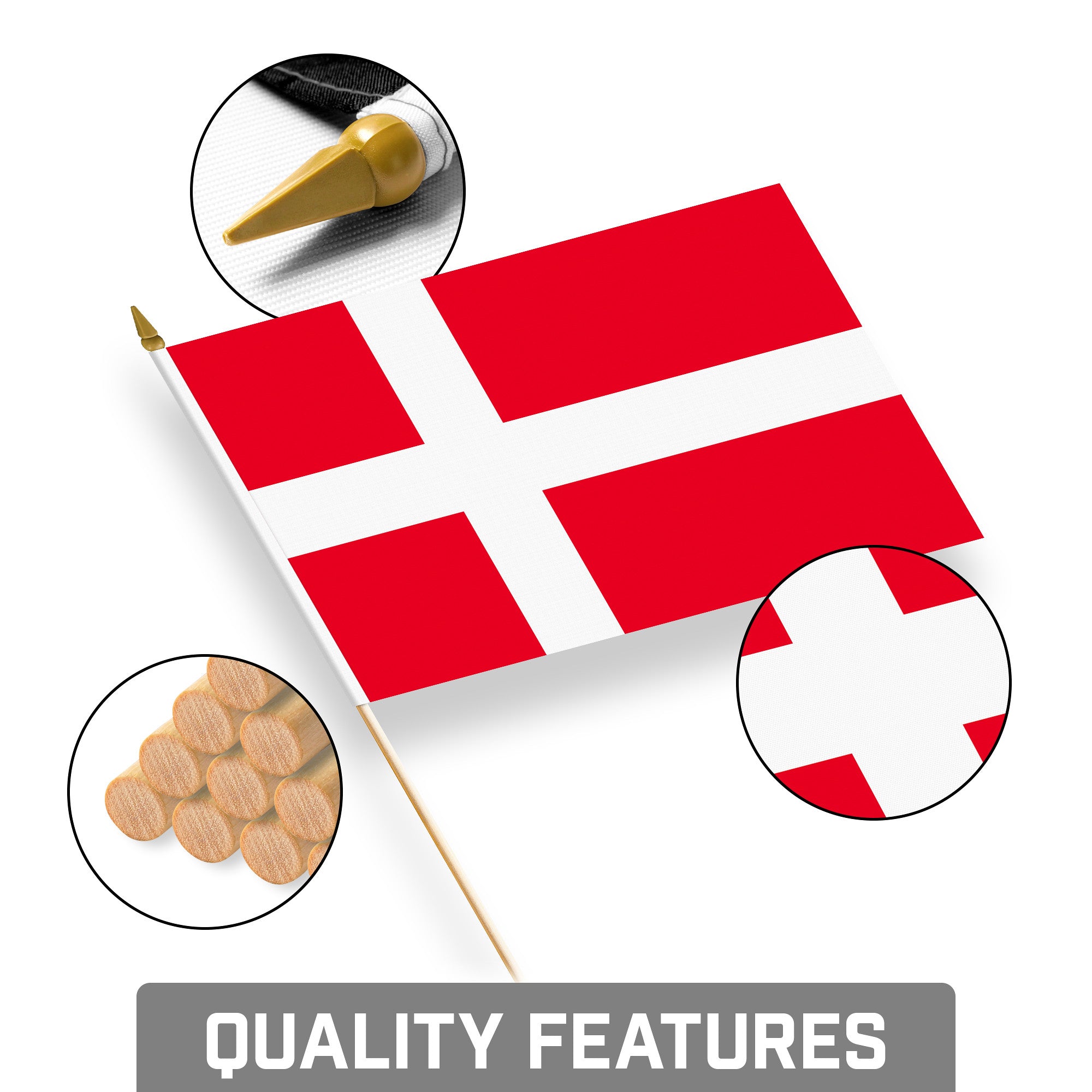 G128 12 Pack Handheld Denmark Danish Stick Flags | 8x12 In | Printed 150D Polyester, Country Flag, Solid Wooden Stick, Spear Gold Tip