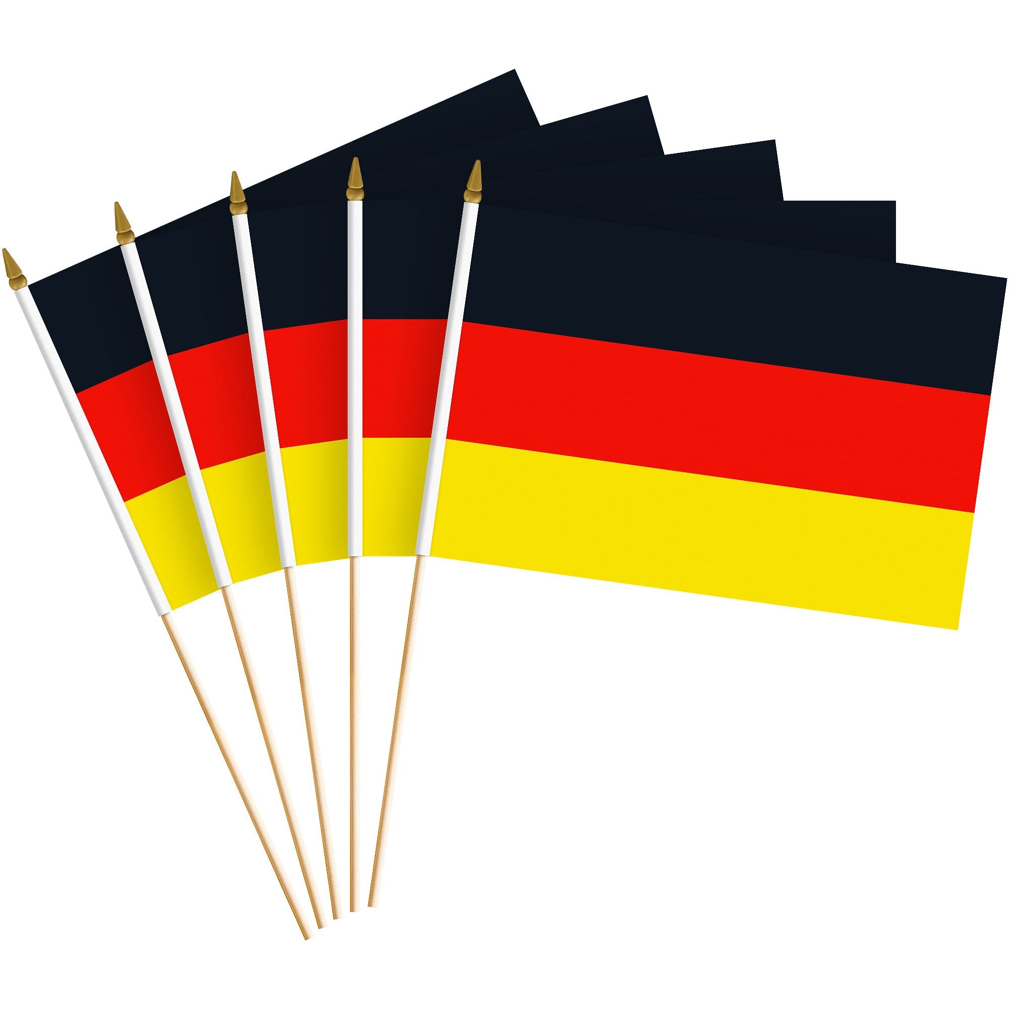 G128 24 Pack Handheld Germany German Stick Flags | 8x12 In | Printed 150D Polyester, Country Flag, Solid Wooden Stick, Spear Gold Tip