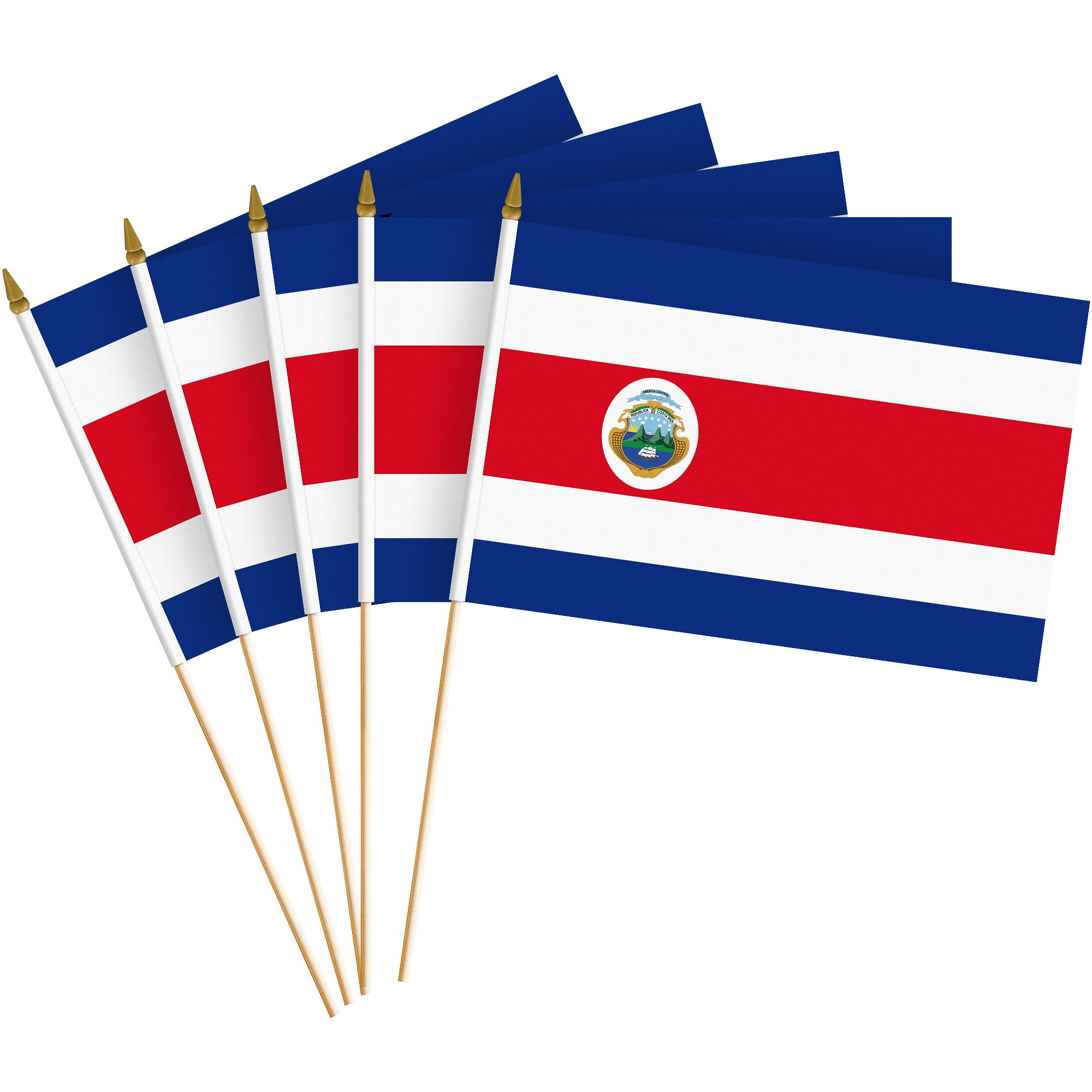 G128 30 Pack Handheld Costa Rica Costa Rican Stick Flags | 8x12 In | Printed 150D Polyester, Country Flag, Solid Wooden Stick, Spear Gold Tip