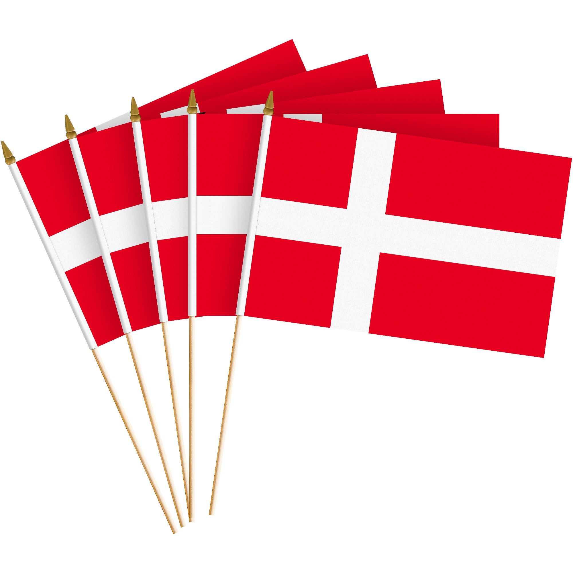 G128 24 Pack Handheld Denmark Danish Stick Flags | 8x12 In | Printed 150D Polyester, Country Flag, Solid Wooden Stick, Spear Gold Tip