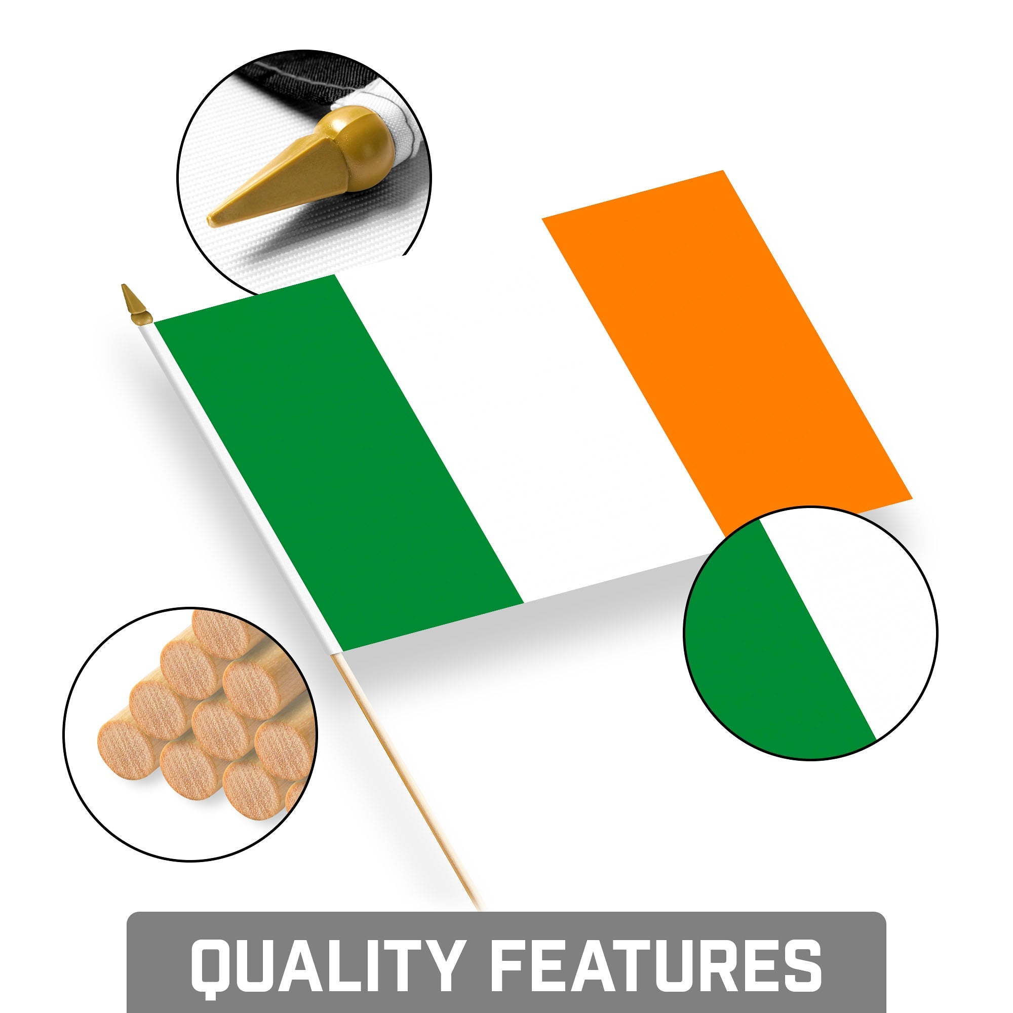 G128 24 Pack Handheld Ireland Irish Stick Flags | 8x12 In | Printed 150D Polyester, Country Flag, Solid Wooden Stick, Spear Gold Tip