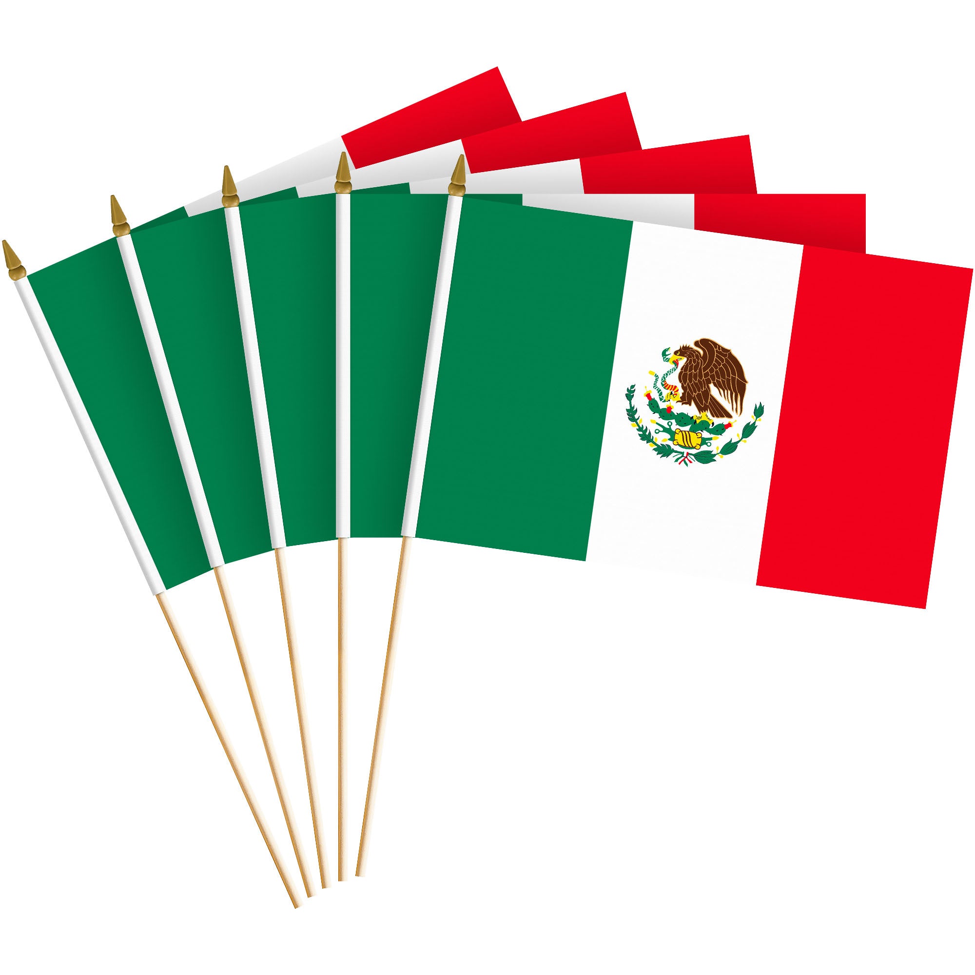 G128 24 Pack Handheld Mexico Mexican Stick Flags | 8x12 In | Printed 150D Polyester, Country Flag, Solid Wooden Stick, Spear Gold Tip