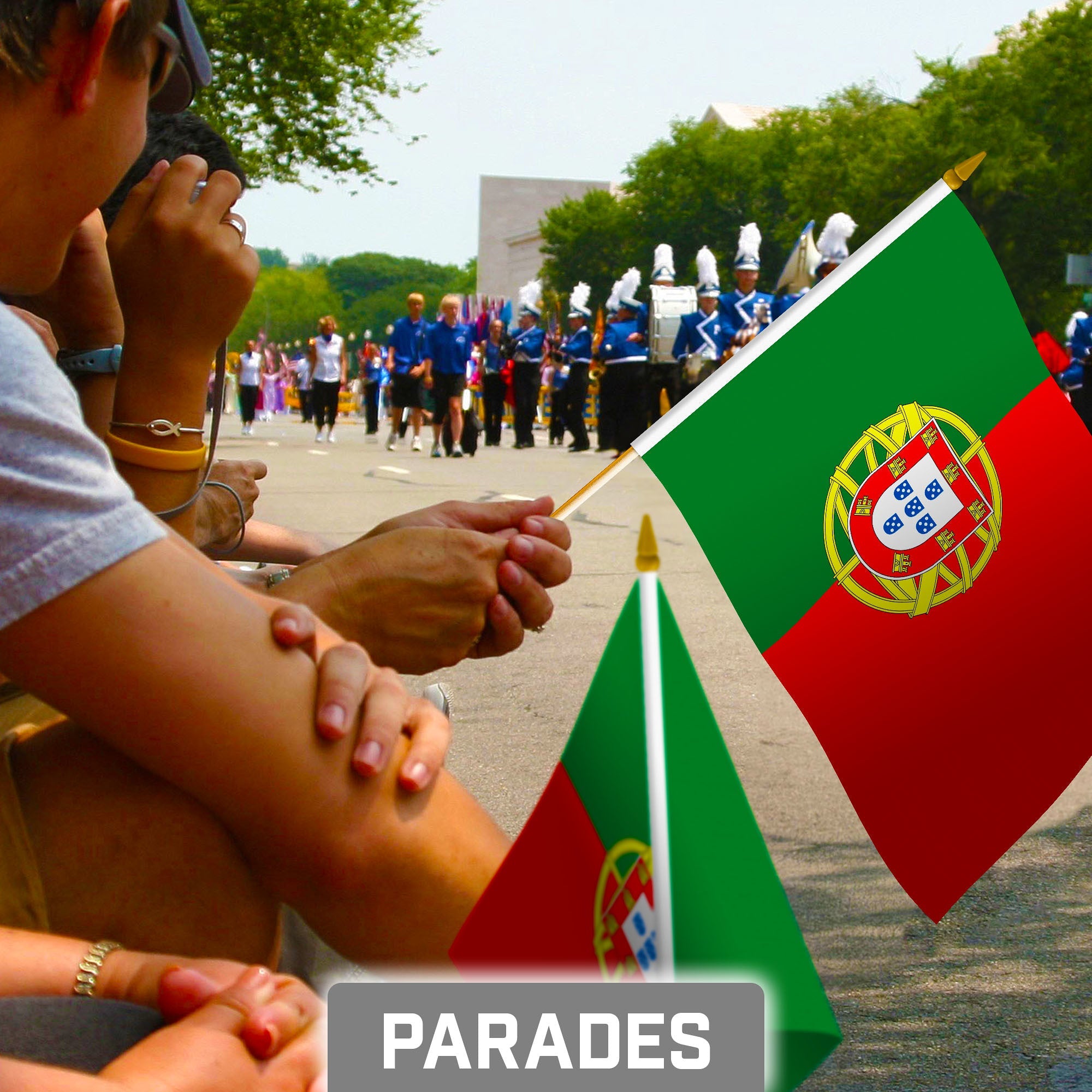 G128 50 Pack Handheld Portugal Portuguese Stick Flags | 8x12 In | Printed 150D Polyester, Country Flag, Solid Wooden Stick, Spear Gold Tip