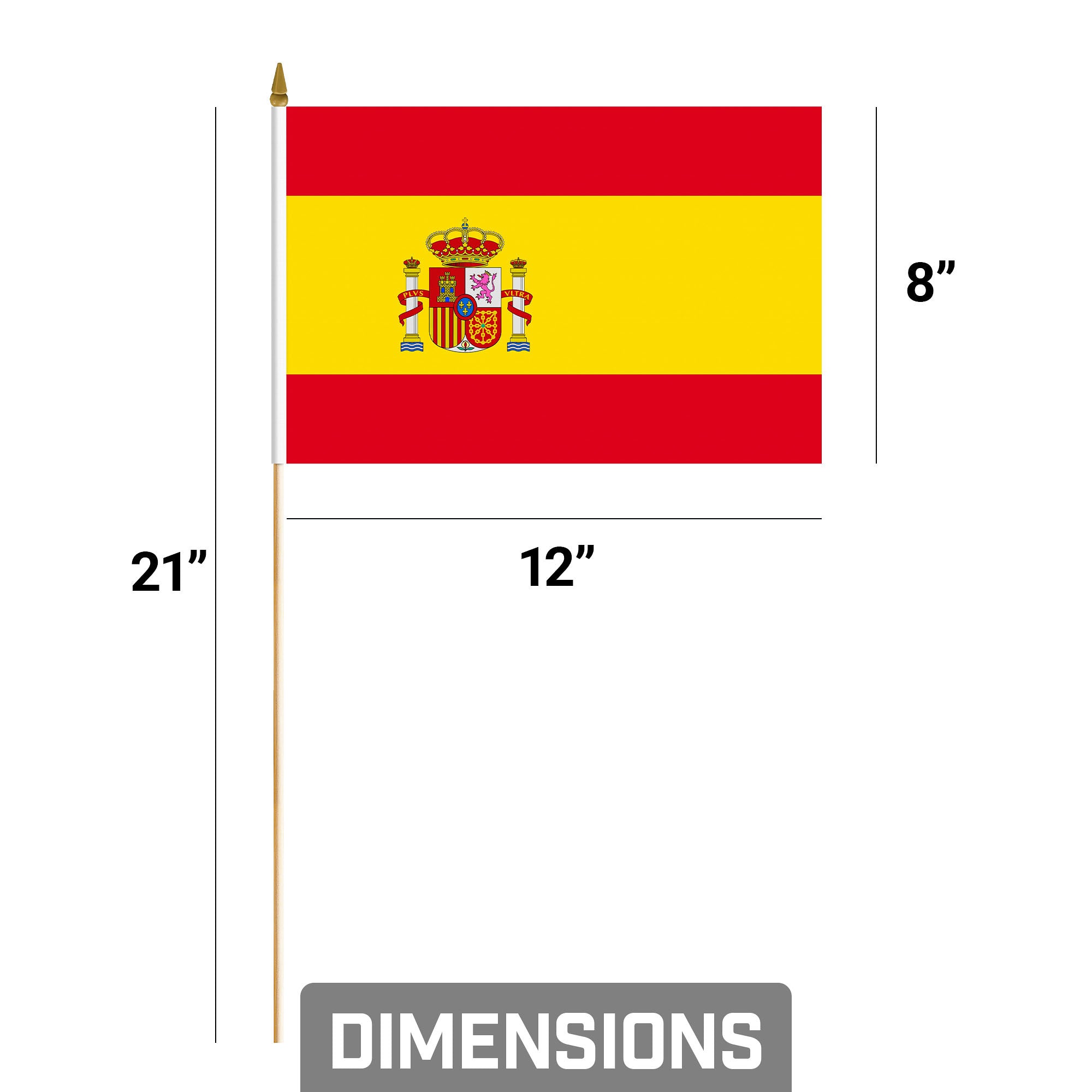 G128 12 Pack Handheld Spain Spanish Stick Flags | 8x12 In | Printed 150D Polyester, Country Flag, Solid Wooden Stick, Spear Gold Tip