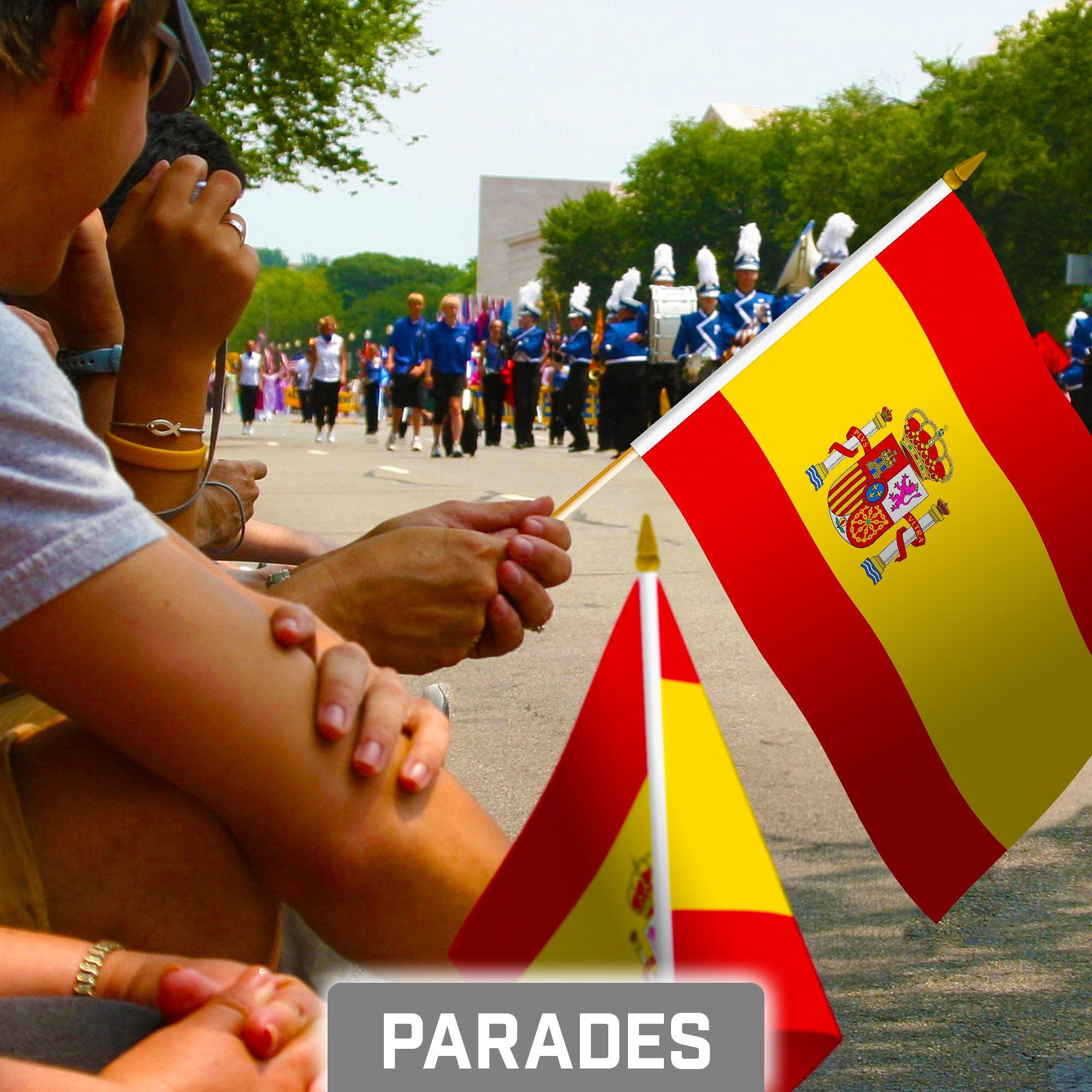 G128 12 Pack Handheld Spain Spanish Stick Flags | 8x12 In | Printed 150D Polyester, Country Flag, Solid Wooden Stick, Spear Gold Tip