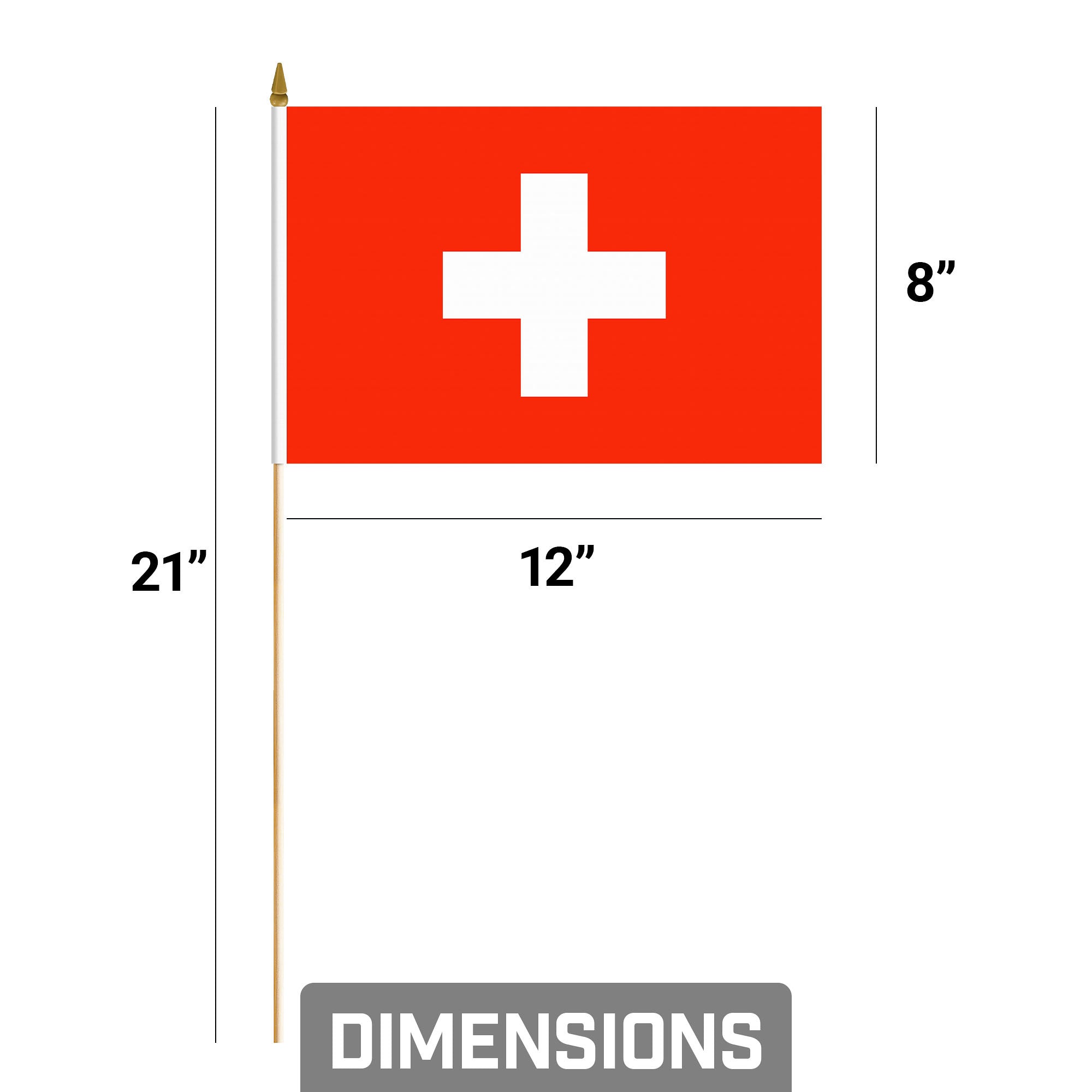 G128 24 Pack Handheld Switzerland Swiss Stick Flags | 8x12 In | Printed 150D Polyester, Country Flag, Solid Wooden Stick, Spear Gold Tip