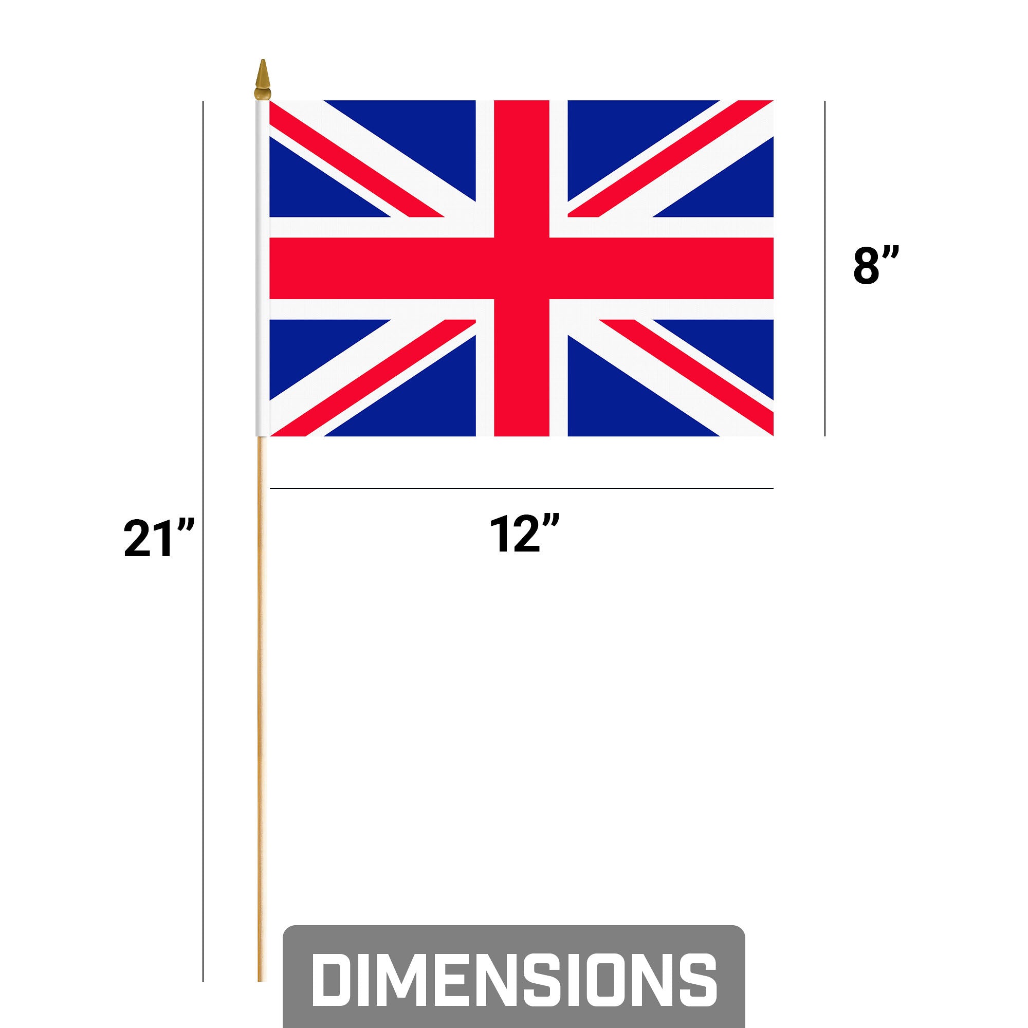G128 50 Pack Handheld United Kingdom UK Stick Flags | 8x12 In | Printed 150D Polyester, Country Flag, Solid Wooden Stick, Spear Gold Tip