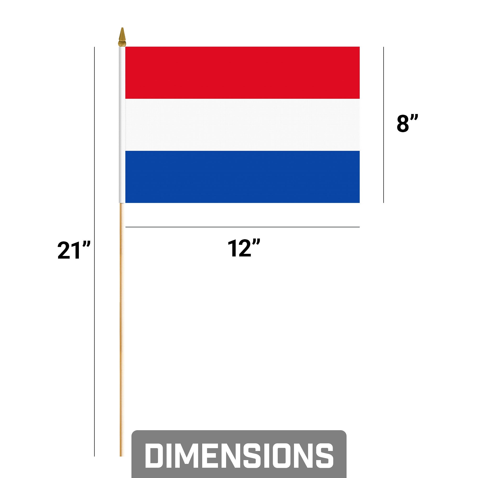 G128 50 Pack Handheld Netherlands Dutch Stick Flags | 8x12 In | Printed 150D Polyester, Country Flag, Solid Wooden Stick, Spear Gold Tip