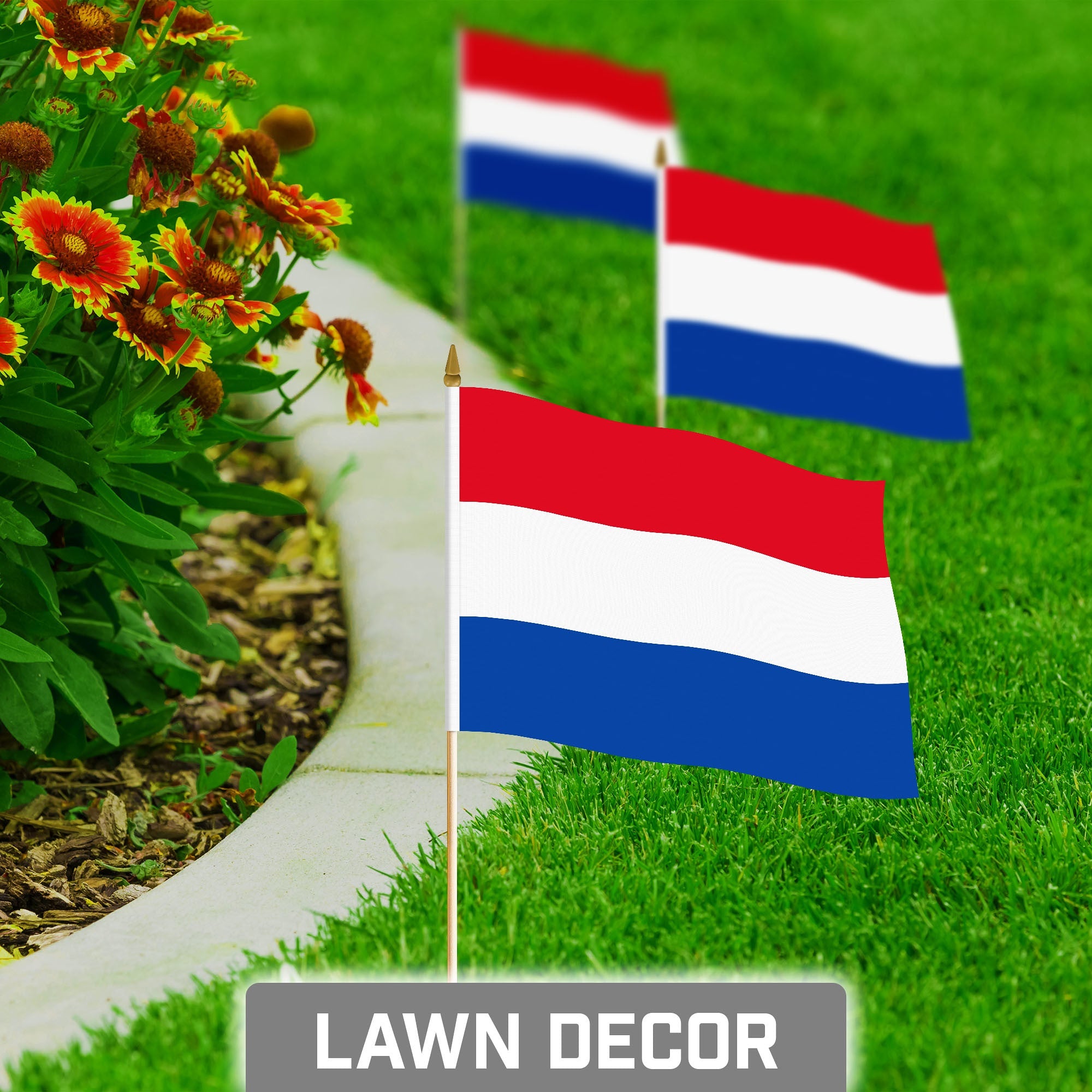 G128 50 Pack Handheld Netherlands Dutch Stick Flags | 8x12 In | Printed 150D Polyester, Country Flag, Solid Wooden Stick, Spear Gold Tip