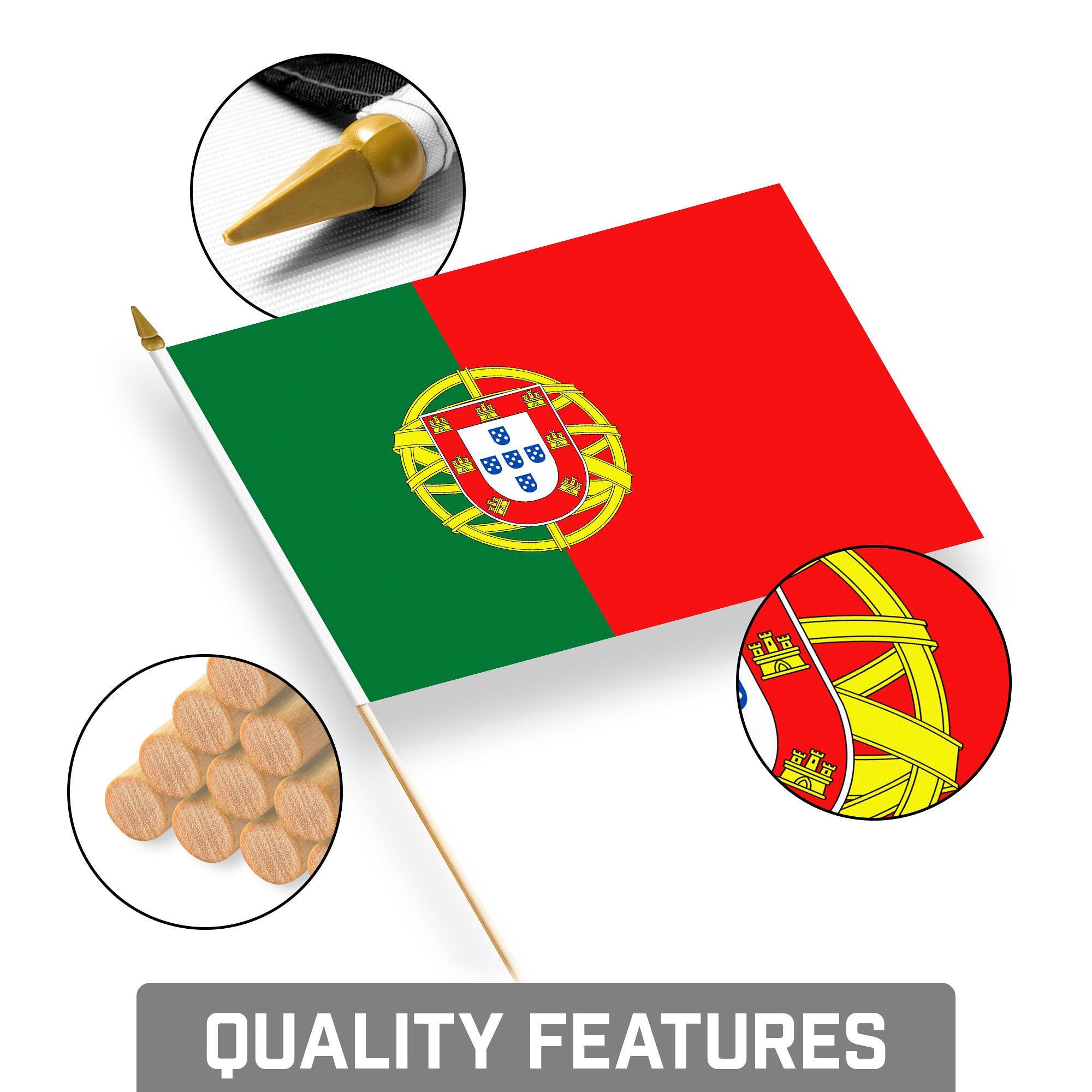 G128 12 Pack Handheld Portugal Portuguese Stick Flags | 8x12 In | Printed 150D Polyester, Country Flag, Solid Wooden Stick, Spear Gold Tip