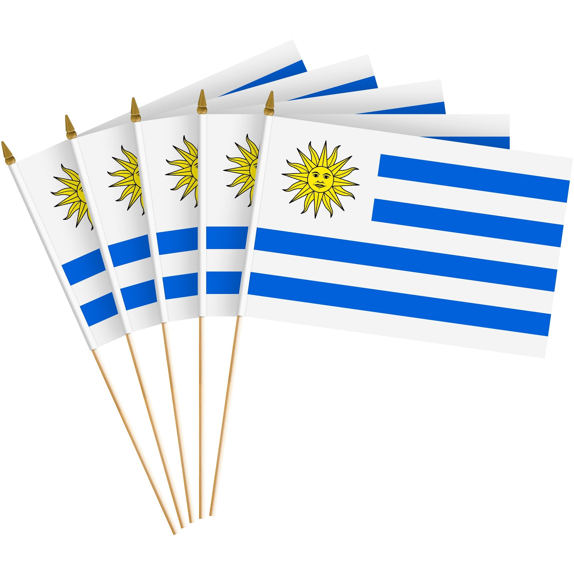 G128 12 Pack Handheld Uruguay Uruguayan Stick Flags | 8x12 In | Printed 150D Polyester, Country Flag, Solid Wooden Stick, Spear Gold Tip