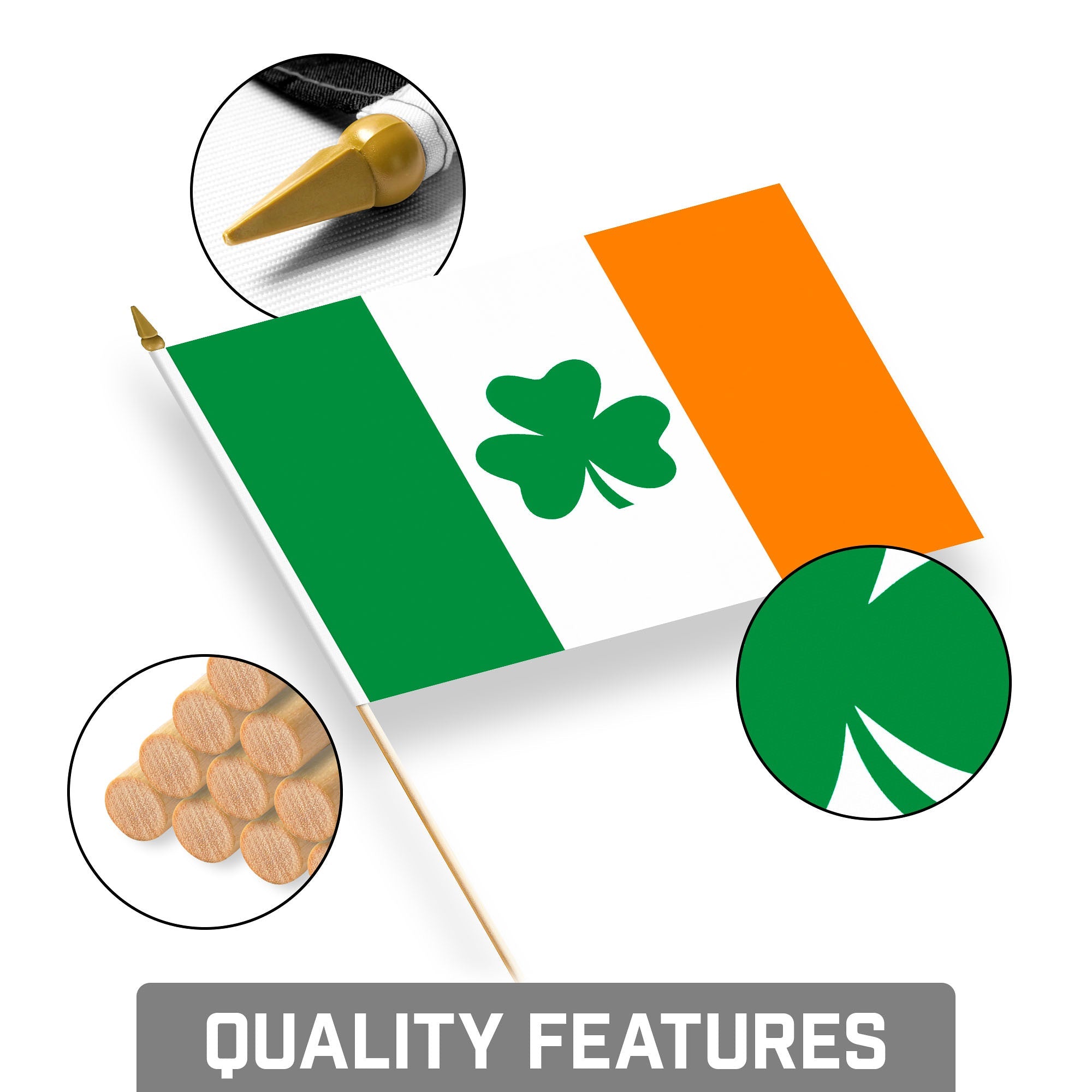 G128 12 Pack Handheld Ireland Shamrock Irish Stick Flags | 8x12 In | Printed 150D Polyester, Country Flag, Solid Wooden Stick, Spear Gold Tip
