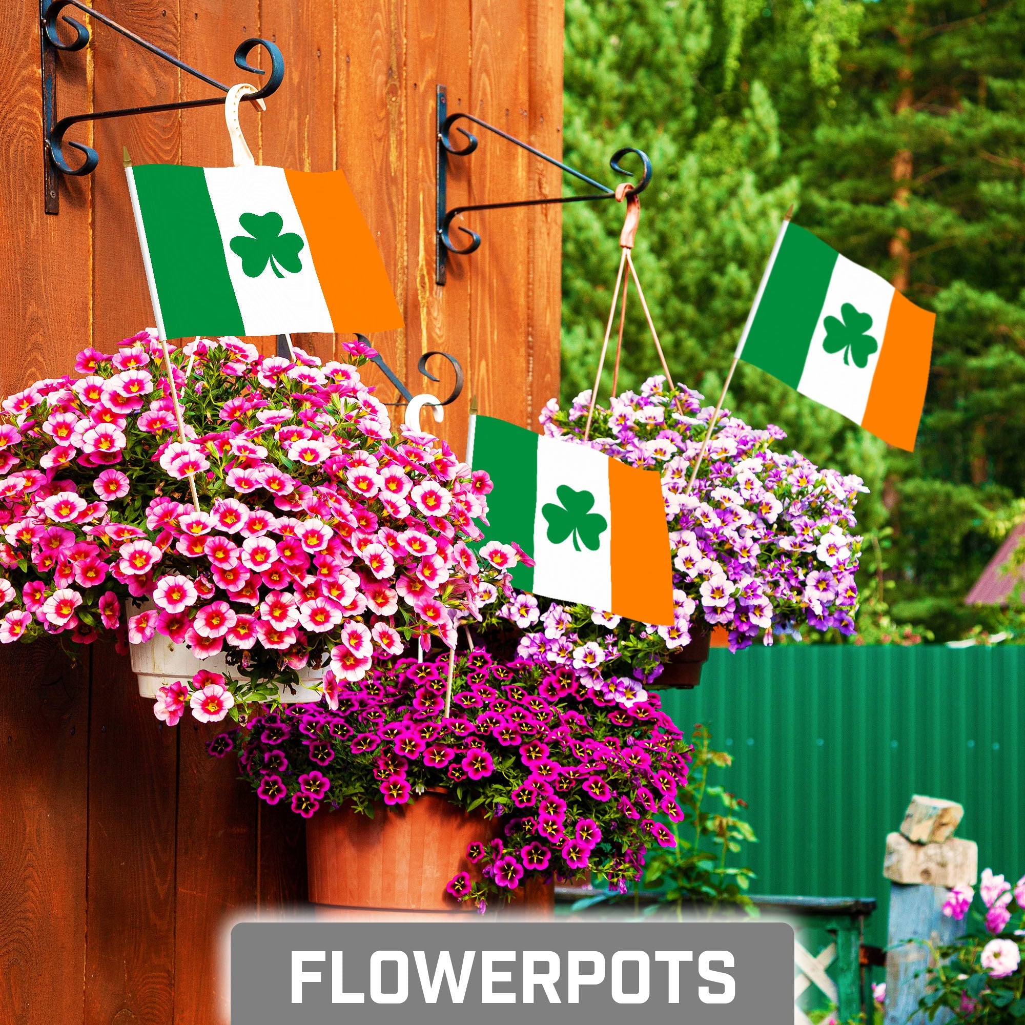 G128 24 Pack Handheld Ireland Shamrock Irish Stick Flags | 8x12 In | Printed 150D Polyester, Country Flag, Solid Wooden Stick, Spear Gold Tip