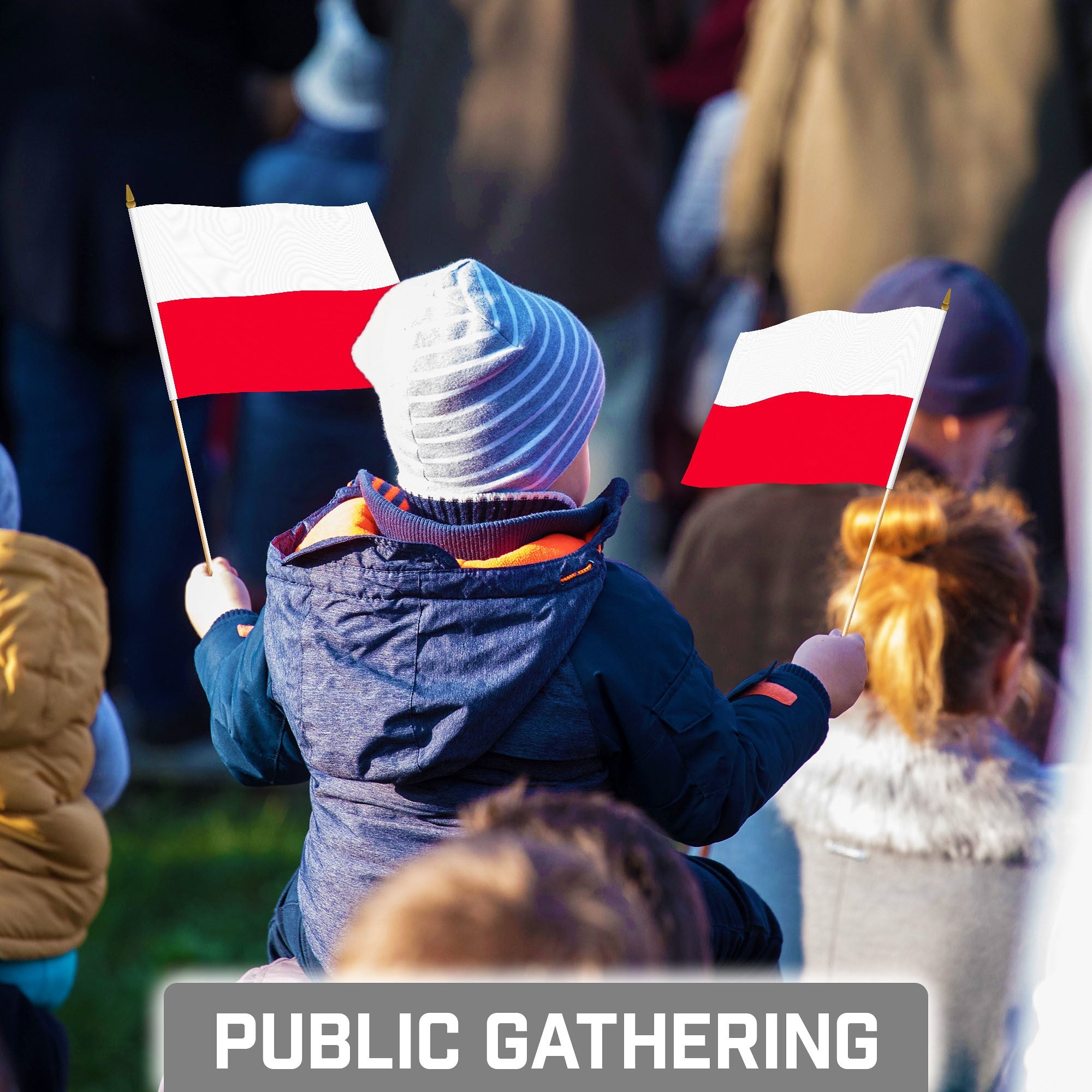G128 30 Pack Handheld Poland Polish Stick Flags | 8x12 In | Printed 150D Polyester, Country Flag, Solid Wooden Stick, Spear Gold Tip
