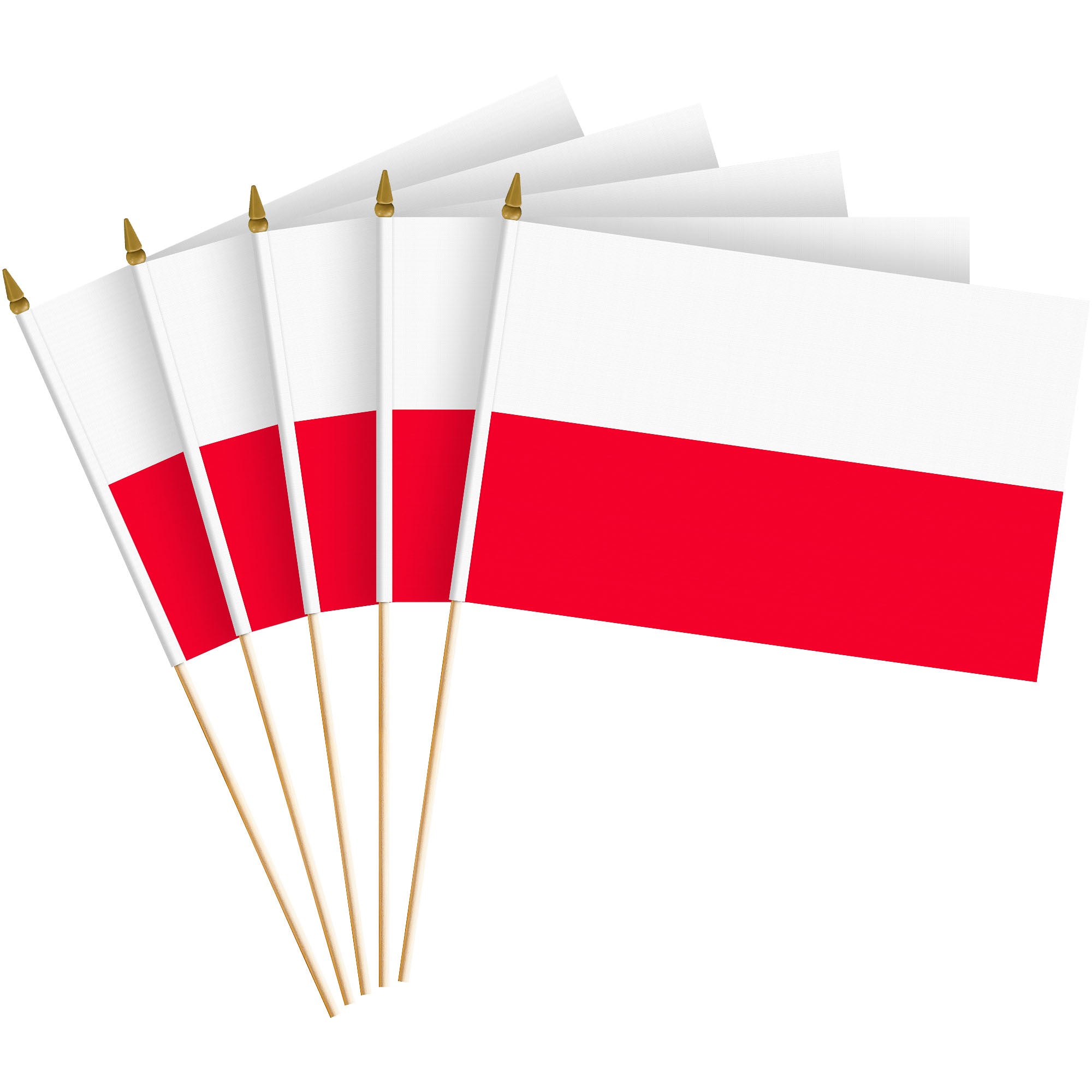 G128 24 Pack Handheld Poland Polish Stick Flags | 8x12 In | Printed 150D Polyester, Country Flag, Solid Wooden Stick, Spear Gold Tip