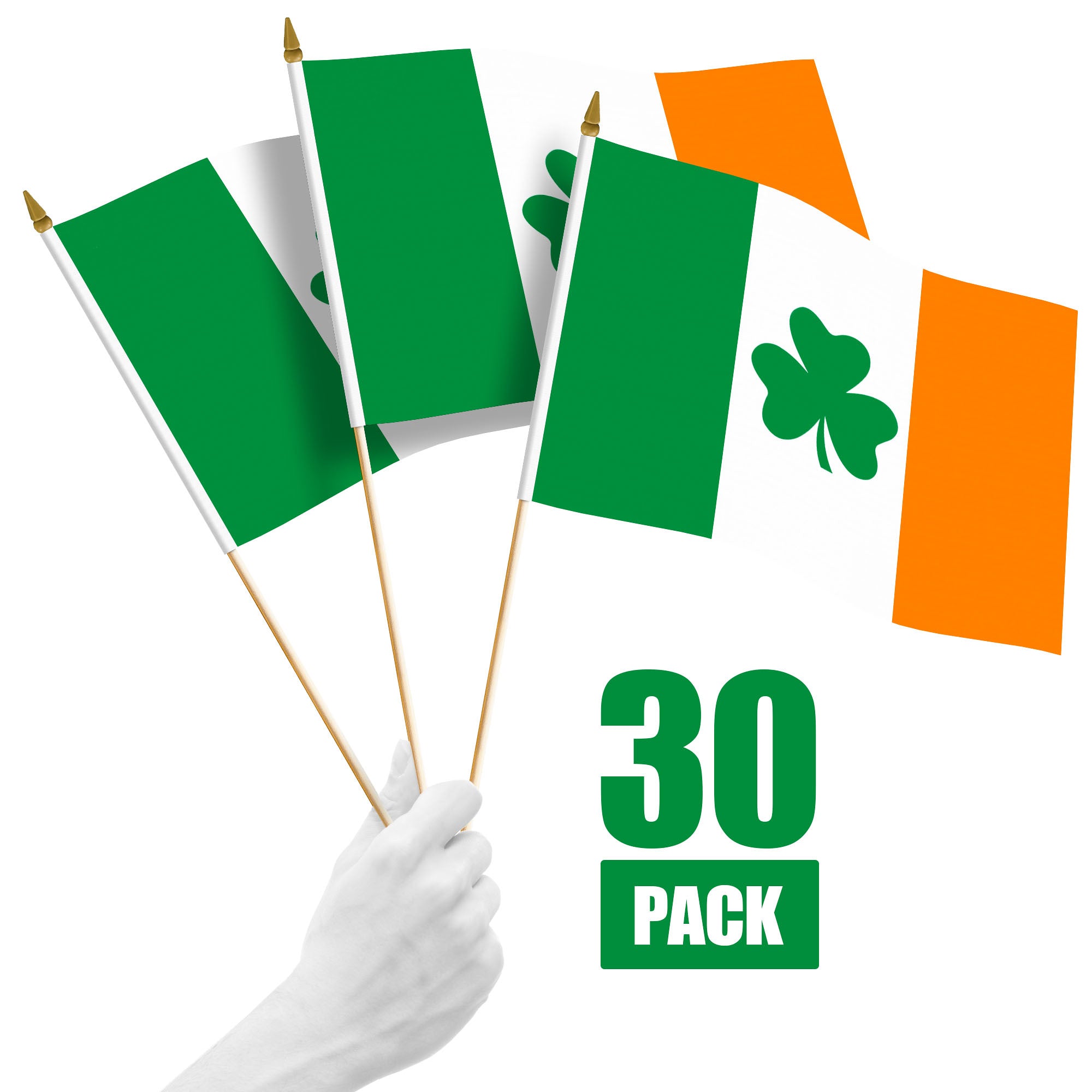 G128 30 Pack Handheld Ireland Shamrock Irish Stick Flags | 12x18 In | Printed 150D Polyester, Country Flag, Solid Wooden Stick, Spear Gold Tip