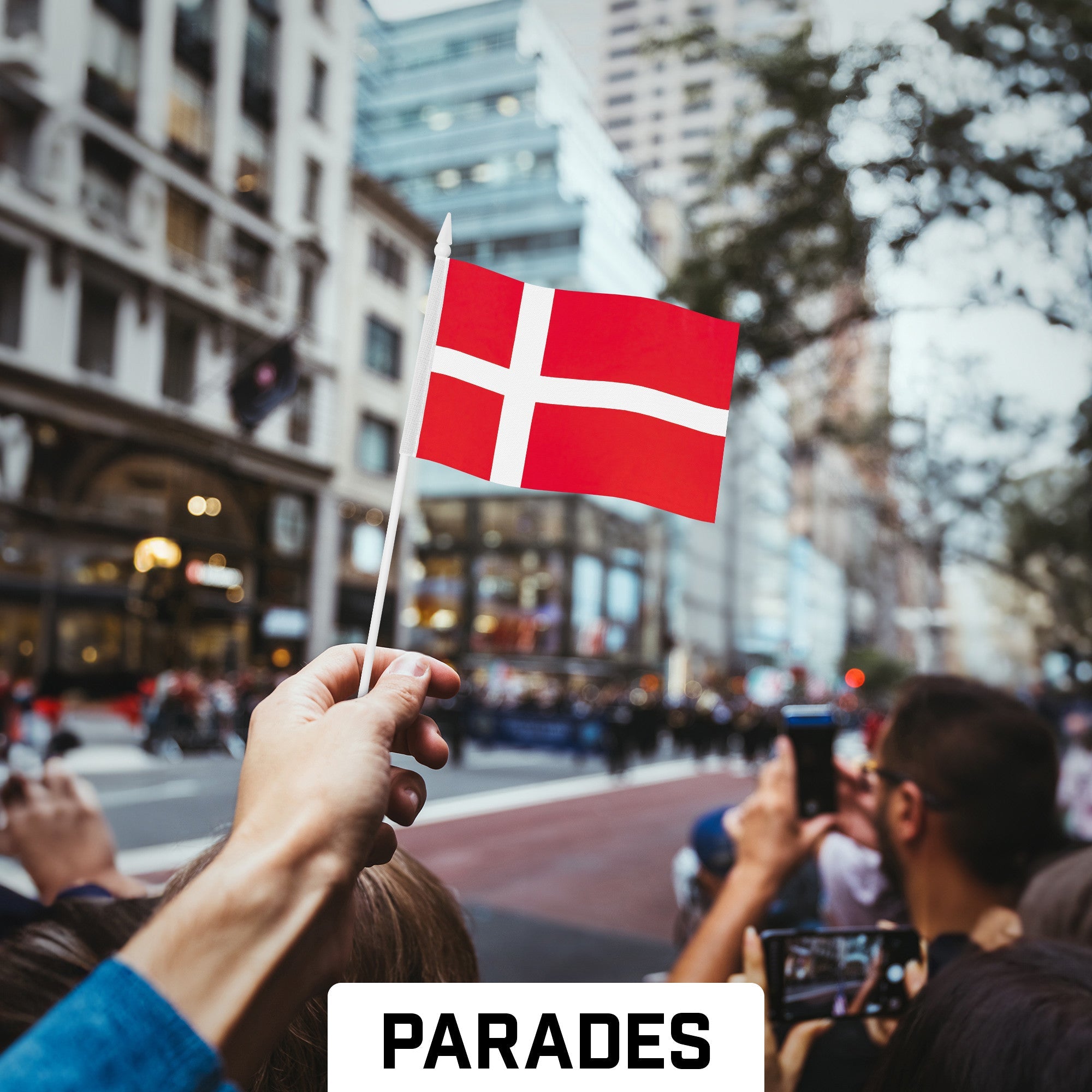 G128 12 Pack Handheld Denmark Danish Stick Flags | 4x6 In | Printed 150D Polyester, Country Flag, Solid Plastic Stick, Spear White Tip