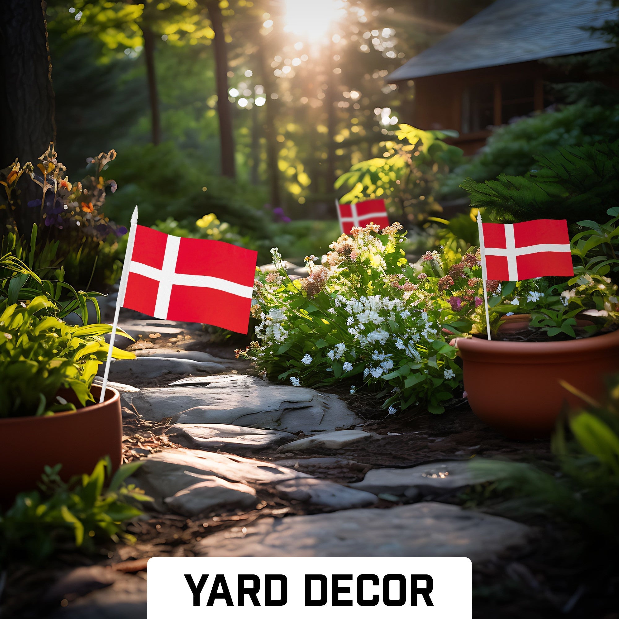 G128 50 Pack Handheld Denmark Danish Stick Flags | 4x6 In | Printed 150D Polyester, Country Flag, Solid Plastic Stick, Spear White Tip